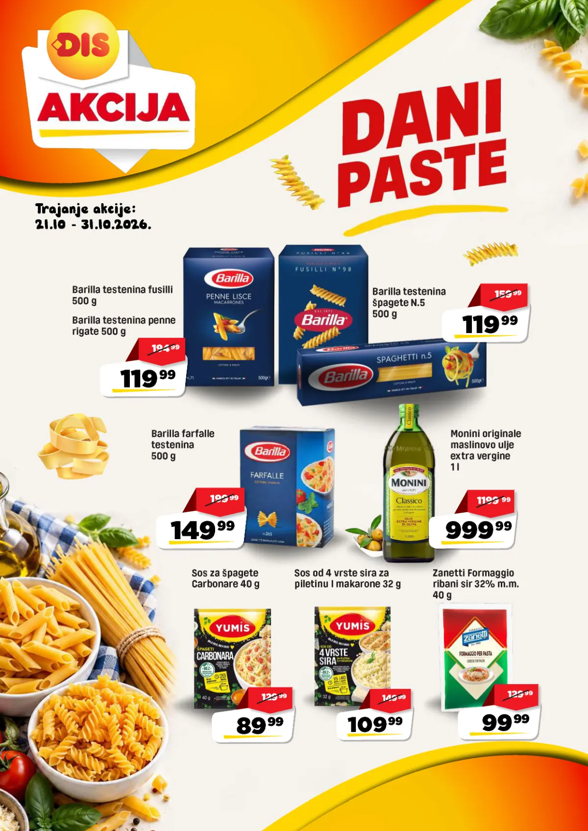 DIS Dani paste od 21. do 31.10.2026. – Barilla testenine, sosovi, maslinovo ulje i akcijske cene