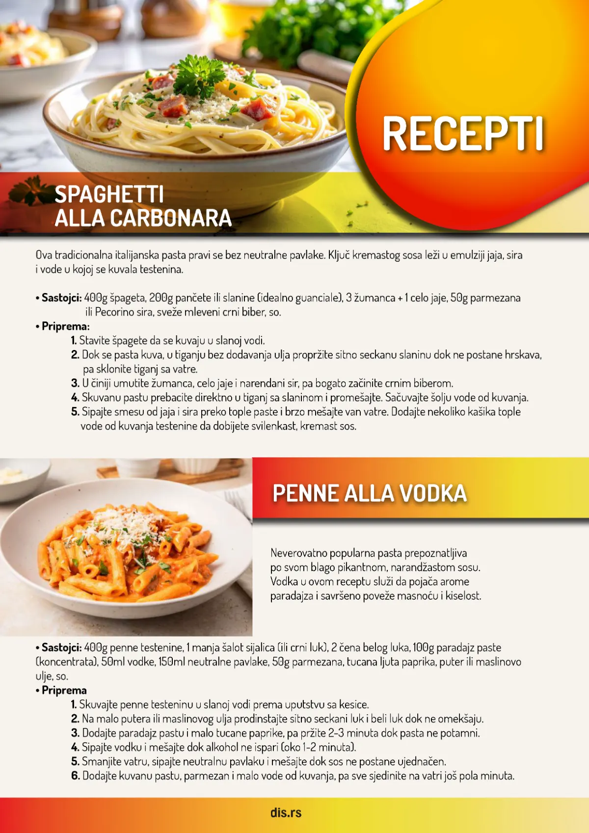 DIS Dani paste – strana 6, recepti za špagete karbonara i penne alla vodka