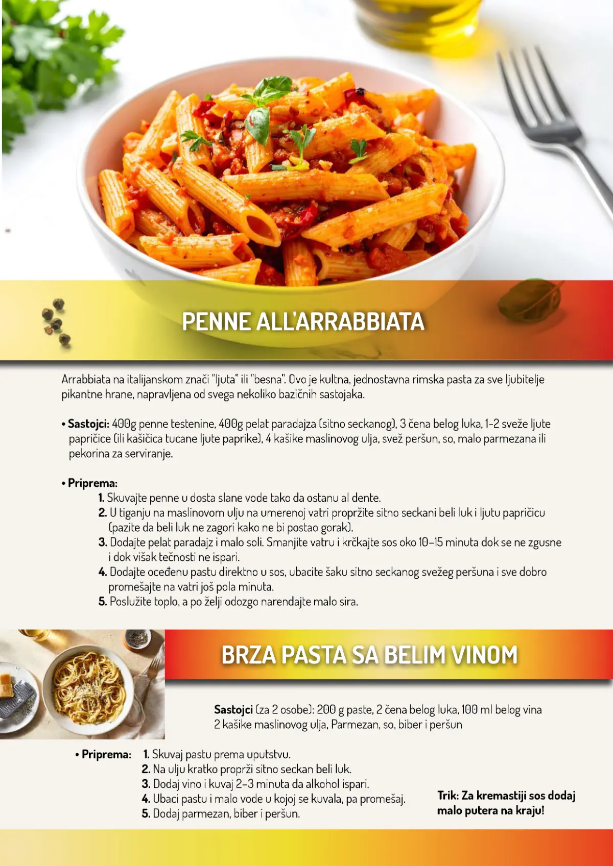 DIS Dani paste – strana 9, recepti za penne arrabbiata i pastu sa belim vinom