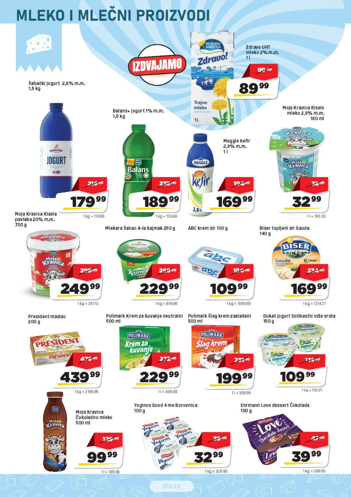 DIS katalog strana 4 – mleko, jogurt, kefir, pavlaka, kajmak, krem sir, maslac i mlečni proizvodi na akciji