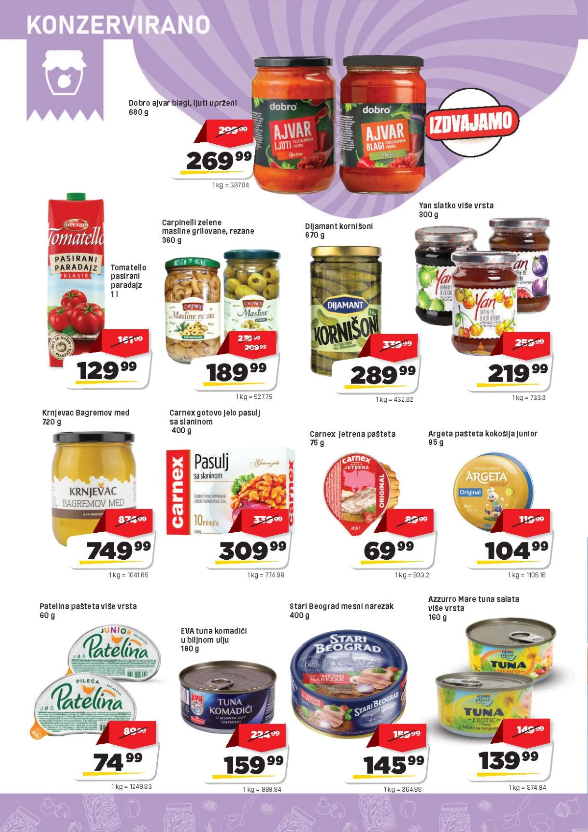 DIS katalog strana 8 – ajvar, paradajz, paštete, med, tuna, konzerve i gotova jela na akciji