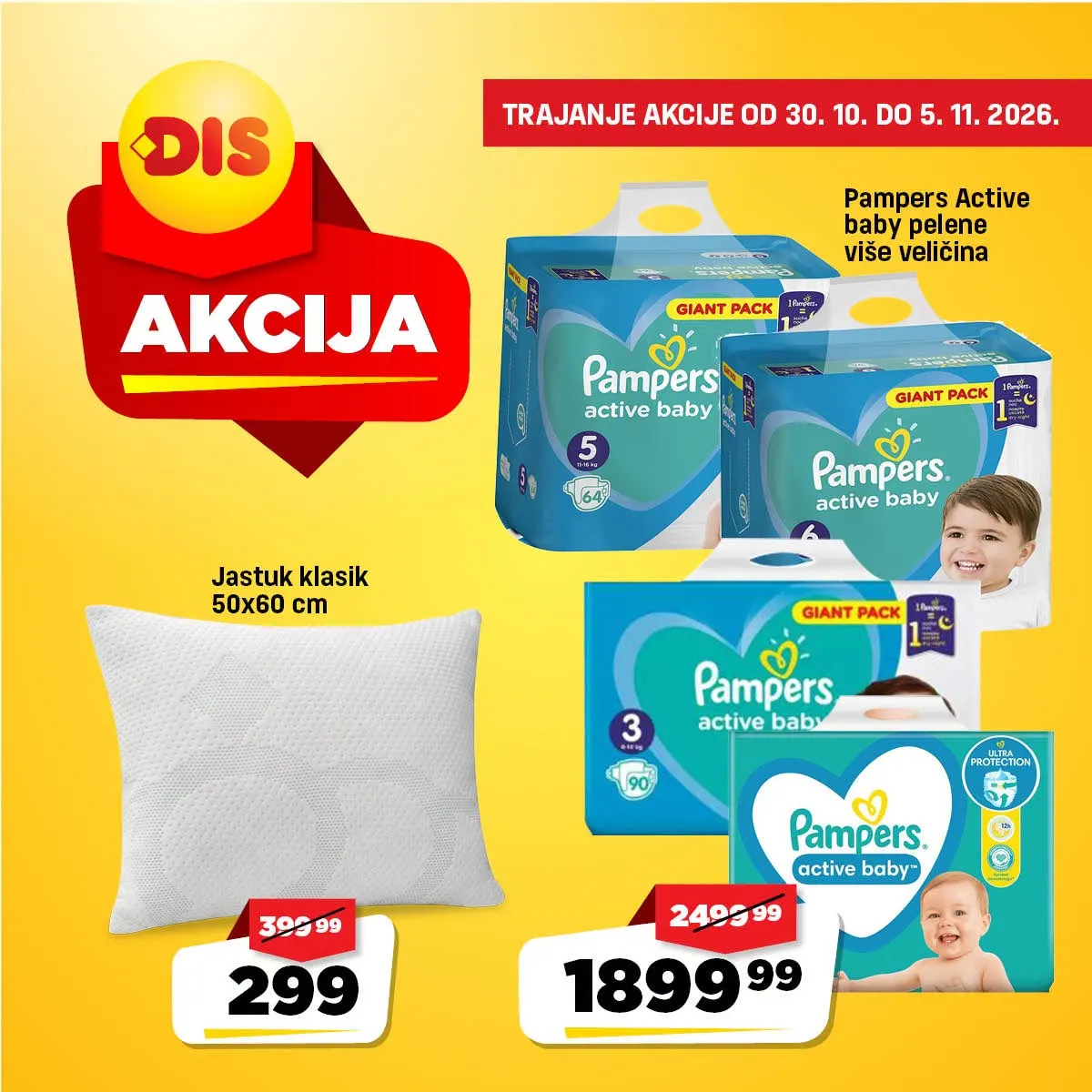 DIS katalog strana 3 – Pampers Active Baby pelene za 1.899,99 dinara i Jastuk klasik 50 × 60 cm za 299 dinara