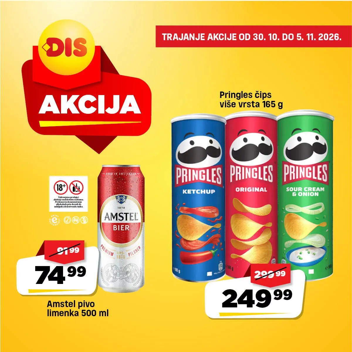 DIS katalog strana 8 – Amstel pivo 500 ml za 74,99 dinara i Pringles čips 165 g za 249,99 dinara