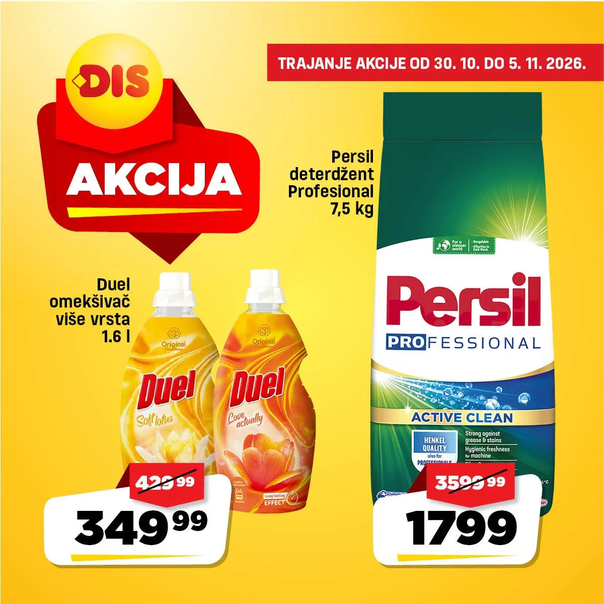 DIS katalog strana 11 – Persil Professional deterdžent 7,5 kg za 1.799 dinara uz popust od oko 50% i Duel omekšivač 1,6 l za 349,99 dinara