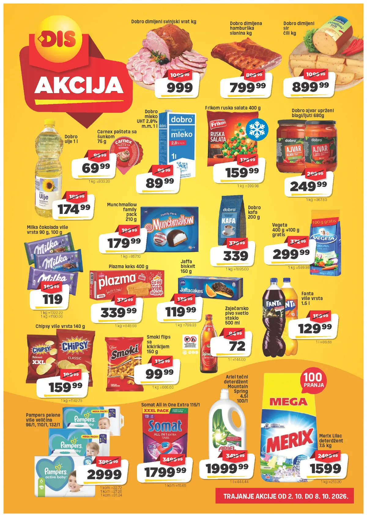 DIS akcija 02–08.10.2026. – Ariel, Somat, Pampers, kafa, slatkiši, piće i prehrambeni proizvodi na akciji