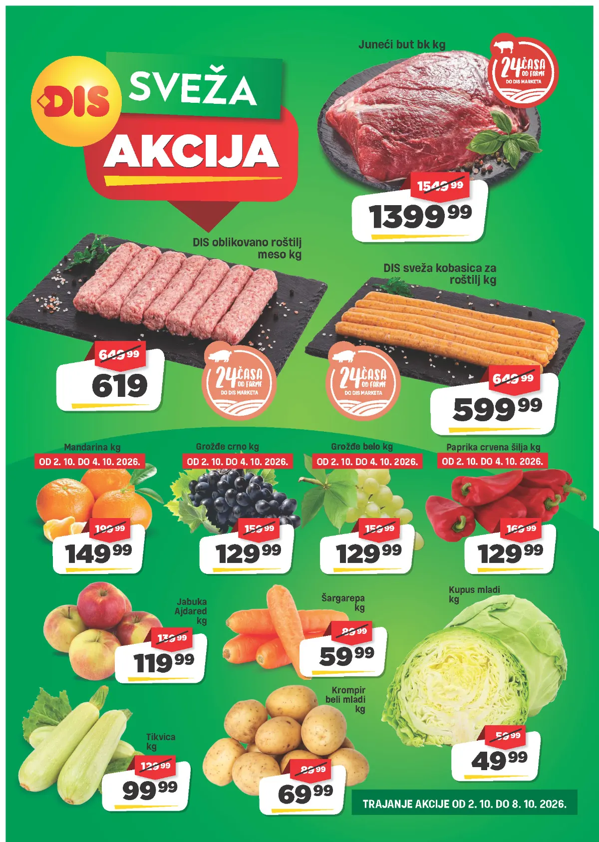 DIS sveža akcija 02–08.10.2026. – meso, kobasice, krompir, kupus, paprika, grožđe, mandarine i drugo voće i povrće