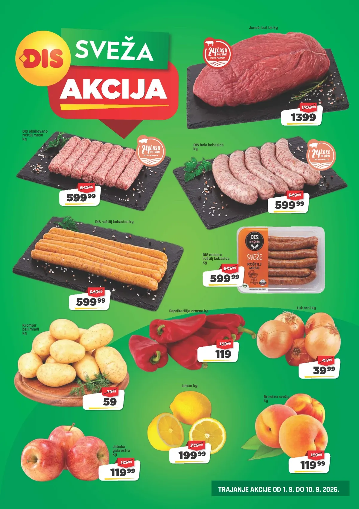 DIS sveža akcija do 10.09.2026. – juneće meso, roštiljske kobasice, krompir, paprika, limun, jabuke i breskve