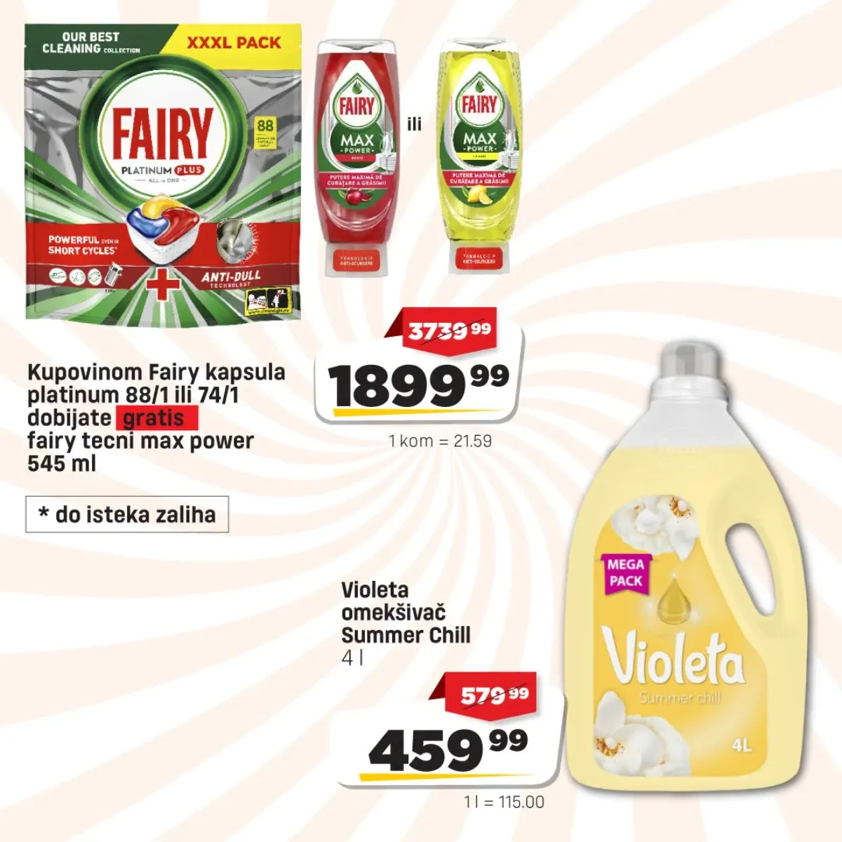 DIS akcija – Fairy Platinum Plus kapsule 1.899,99 RSD i Violeta omekšivač 459,99 RSD