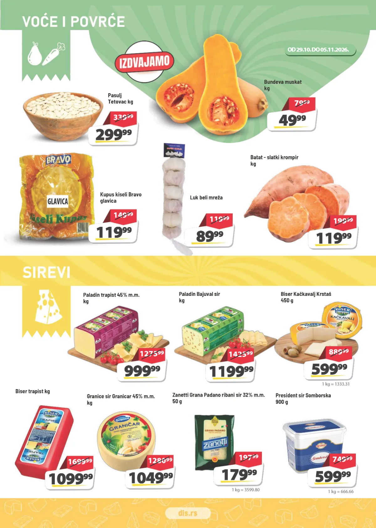 DIS katalog strana 2 – bundeva muskat 49,99 din/kg, beli luk 89,99 din i Paladin trapist 999,99 din/kg