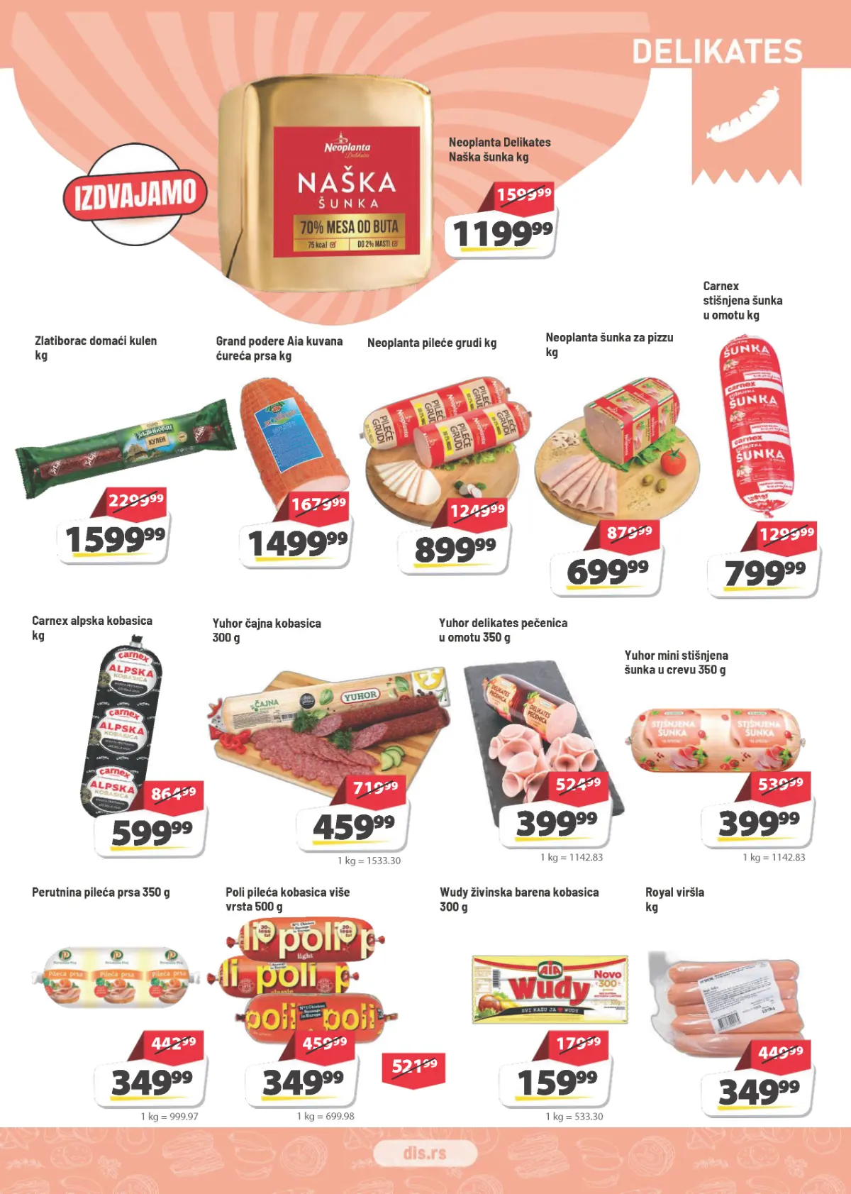 DIS katalog strana 3 – Neoplanta Naška šunka 1199,99 din/kg i Zlatiborac domaći kulen 1599,99 din/kg