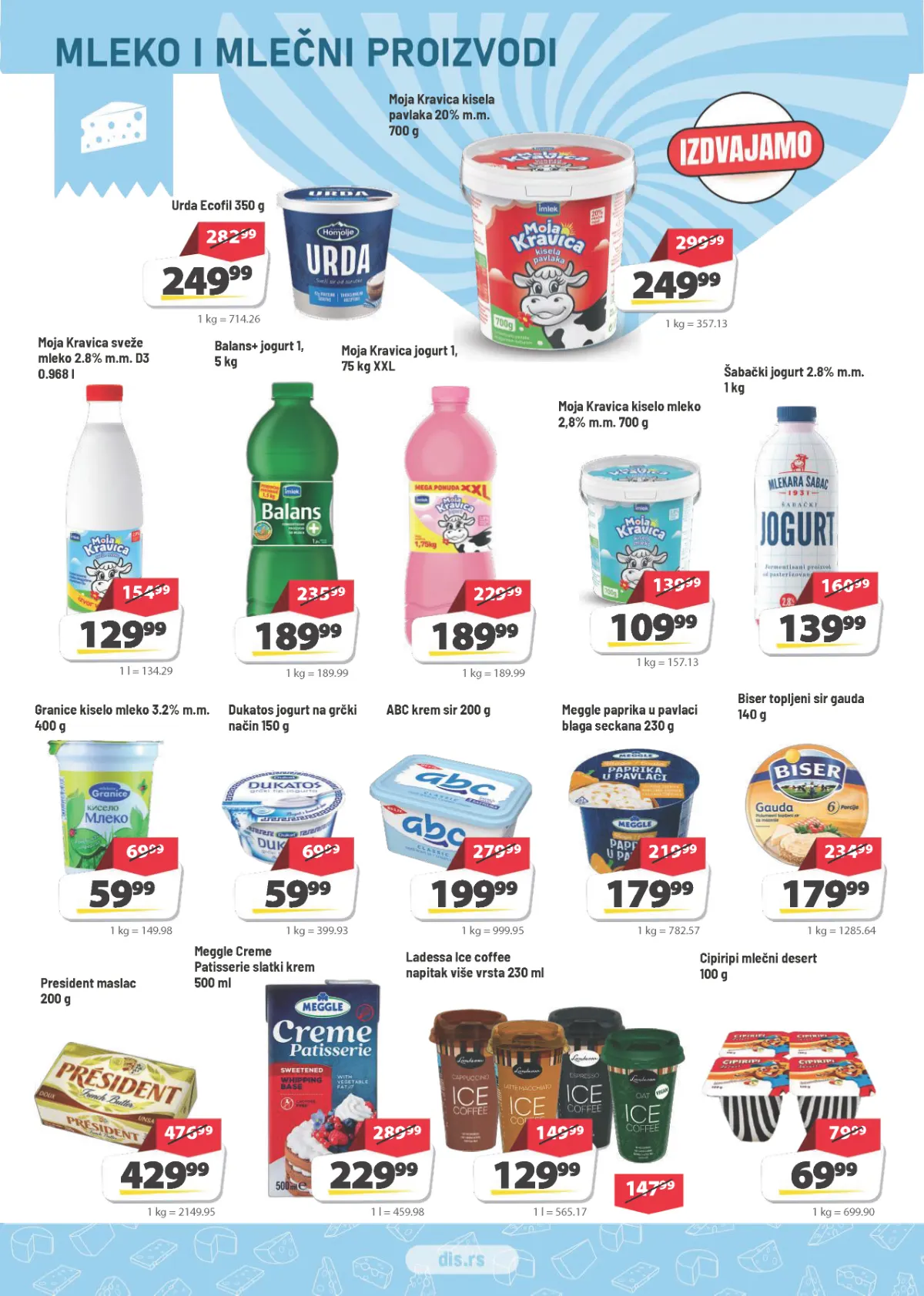 DIS katalog strana 4 – Moja Kravica pavlaka 249,99 din, sveže mleko 129,99 din i jogurt 189,99 din