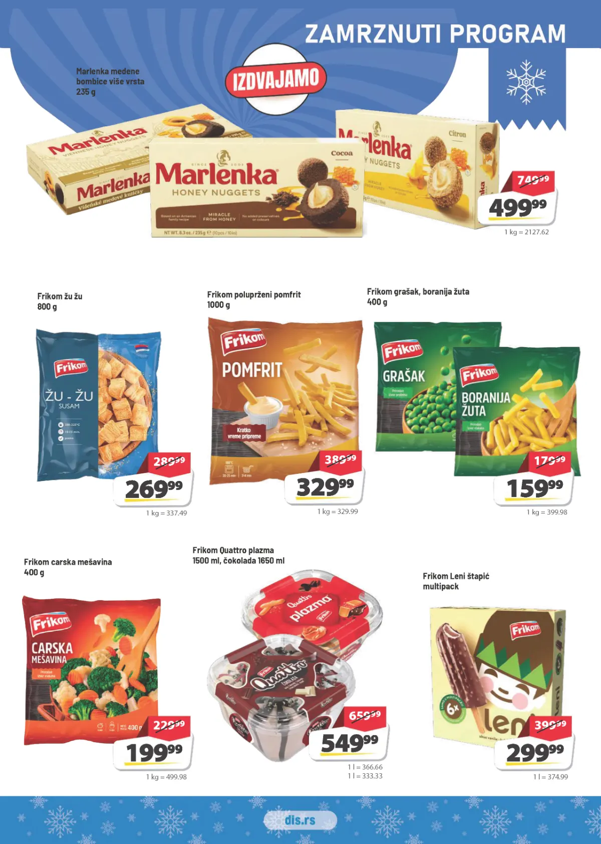 DIS katalog strana 5 – Marlenka bombice 499,99 din, Frikom pomfrit 329,99 din i Frikom sladoled 549,99 din
