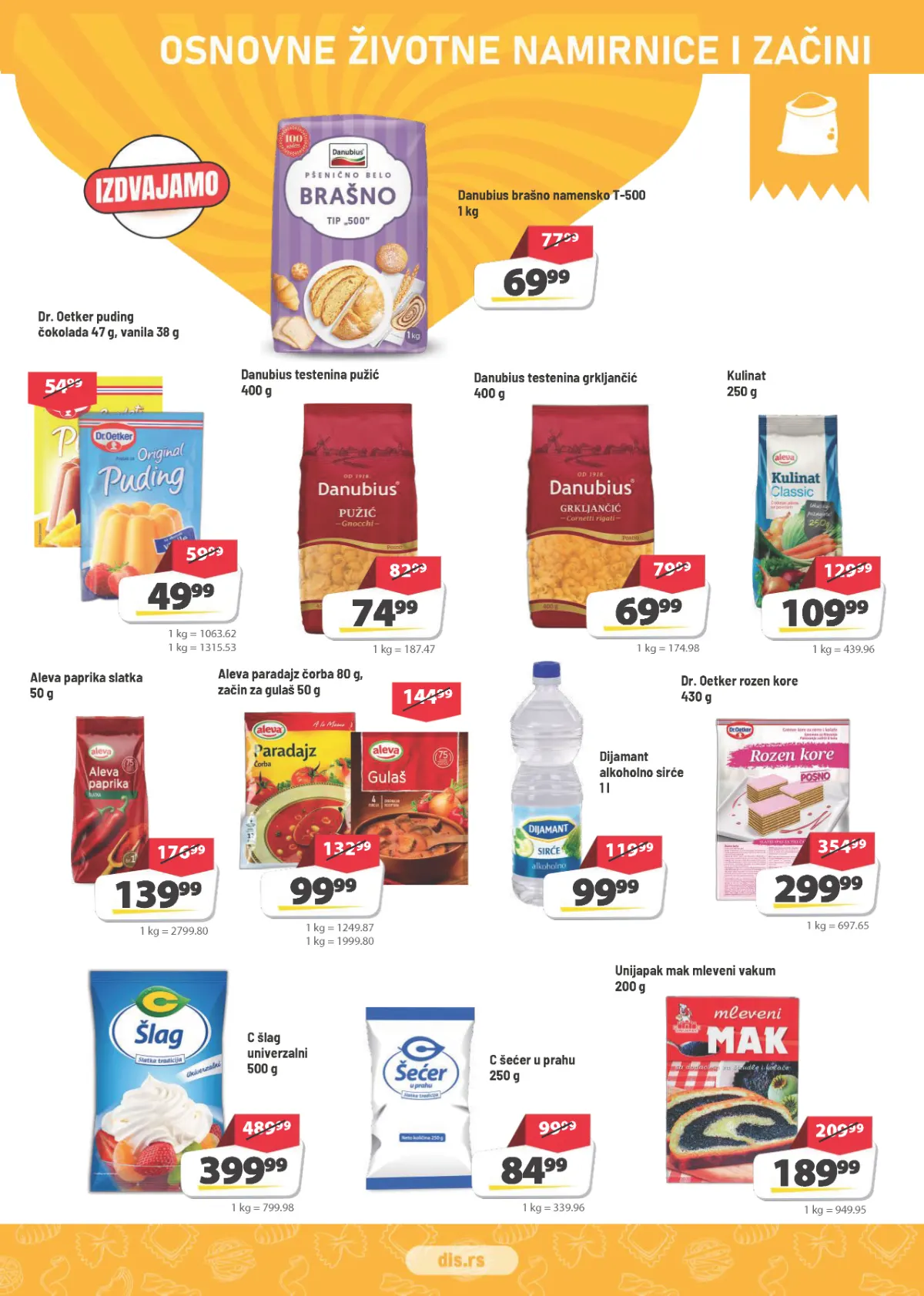 DIS katalog strana 7 – Danubius brašno 69,99 din/kg, testenina 74,99 din i Dr Oetker puding 49,99 din