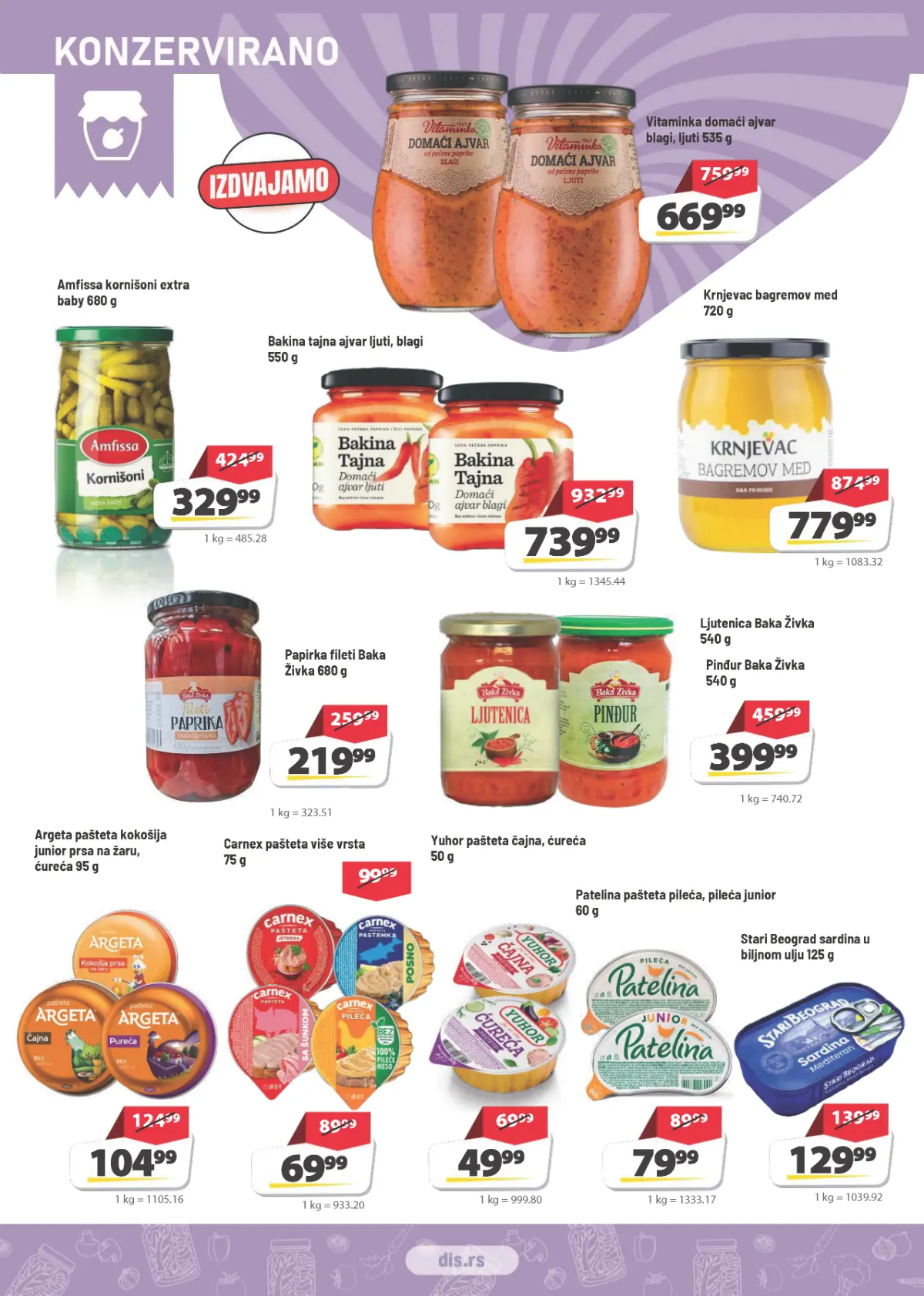 DIS katalog strana 8 – Vitaminka ajvar 669,99 din, Amfissa kornišoni 329,99 din i Carnex pašteta 69,99 din