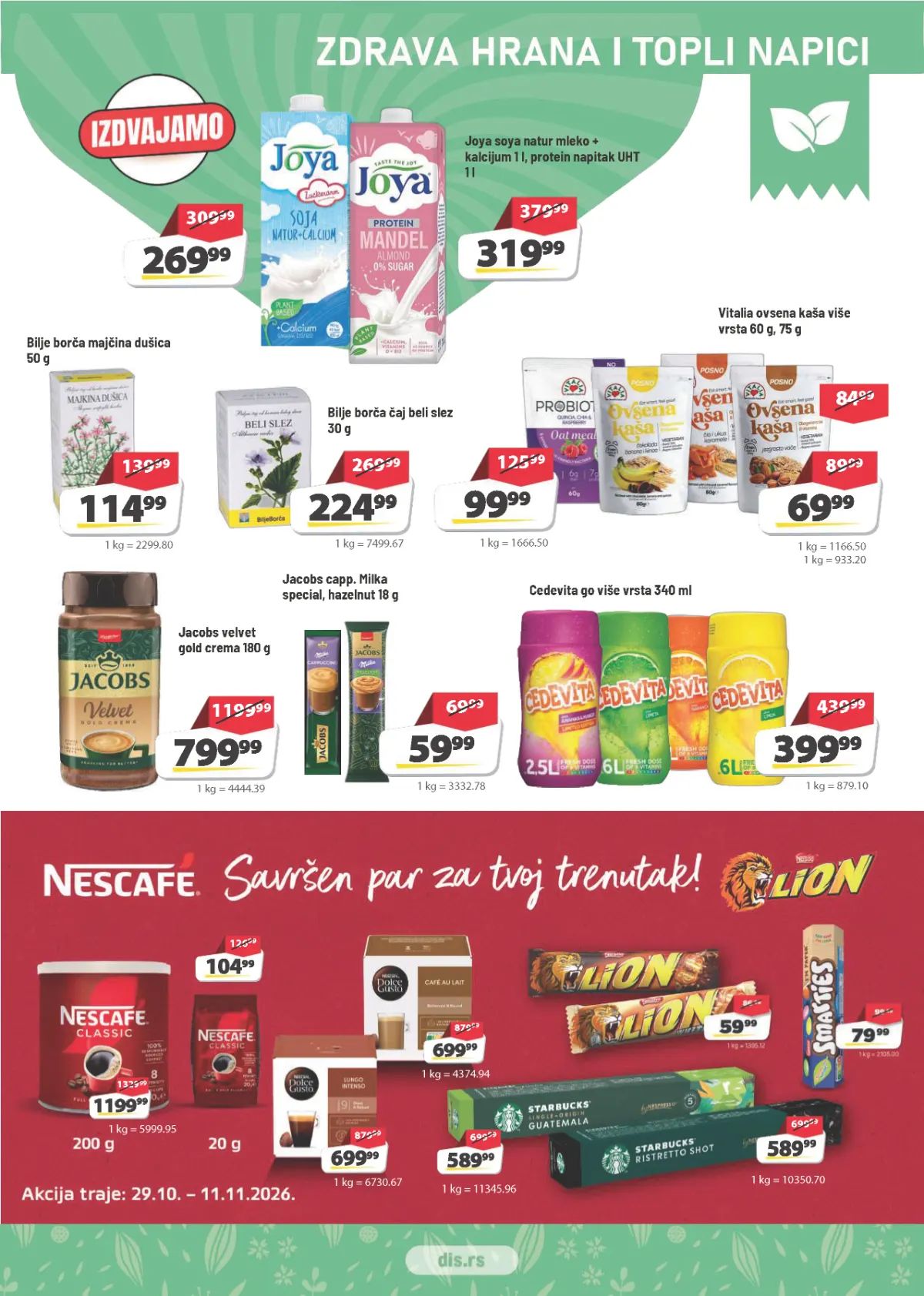 DIS katalog strana 9 – Jacobs Velvet kafa 799,99 din, Joya napitak 319,99 din i Vitalia ovsena kaša 69,99 din