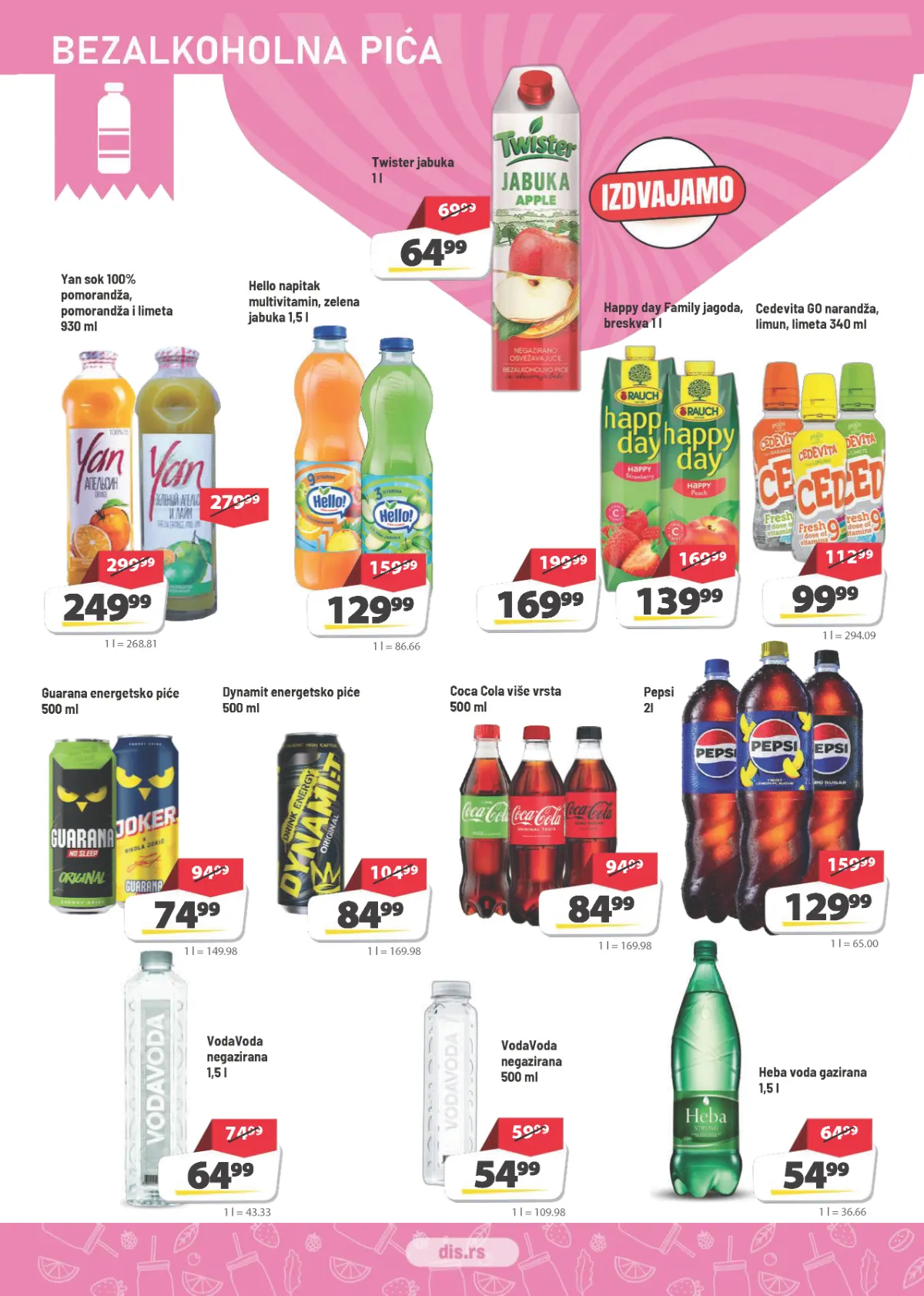 DIS katalog strana 10 – Pepsi 2 l za 129,99 din, Coca-Cola 500 ml za 84,99 din i Twister sok za 64,99 din