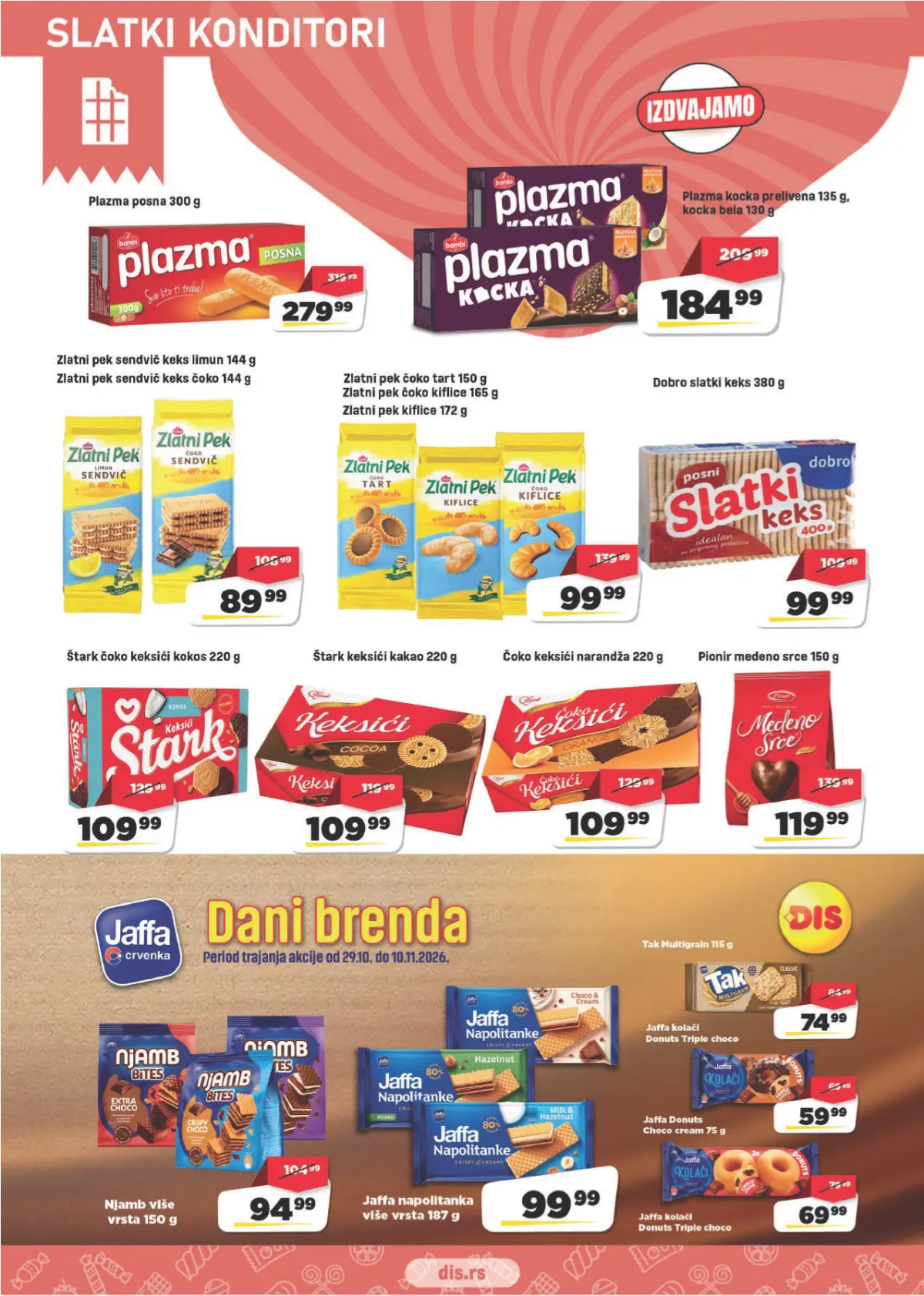 DIS katalog strana 12 – Milka čokolada 399,99 din, Toblerone 199,99 din i Kraš Bajadera 599,99 din