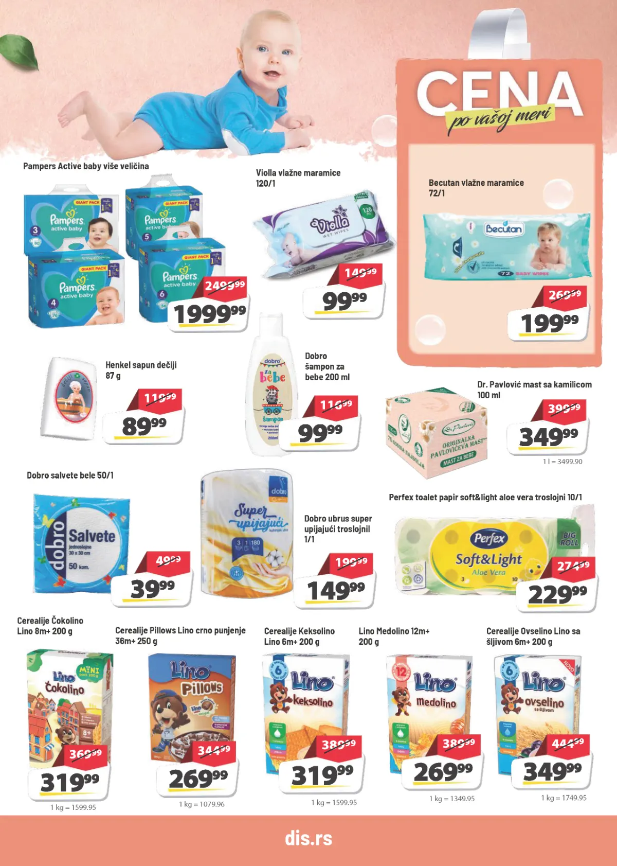 DIS katalog strana 15 – Pampers pelene 1999,99 din, Becutan maramice 199,99 din i Dobro šampon za bebe 99,99 din