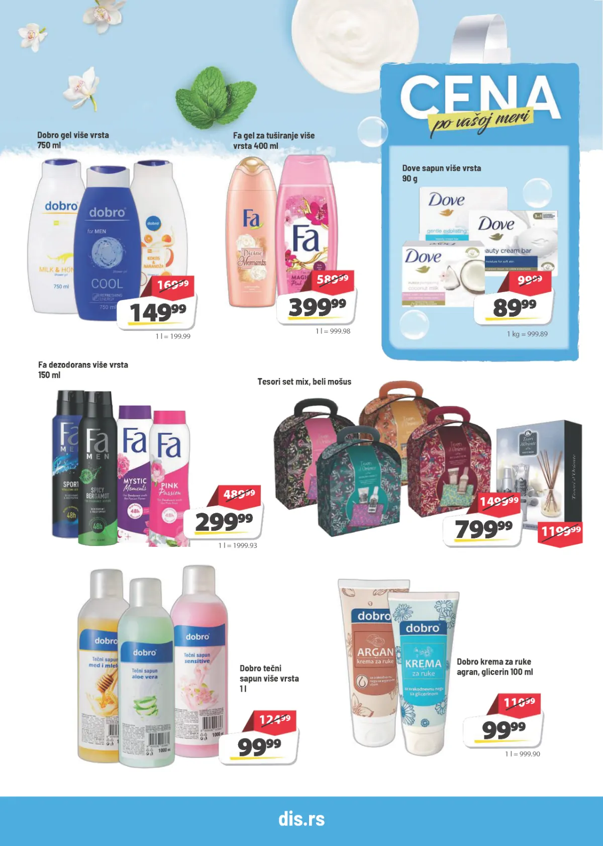DIS katalog strana 17 – Fa gel za tuširanje 399,99 din, Dove sapun 89,99 din i Fa dezodorans 299,99 din