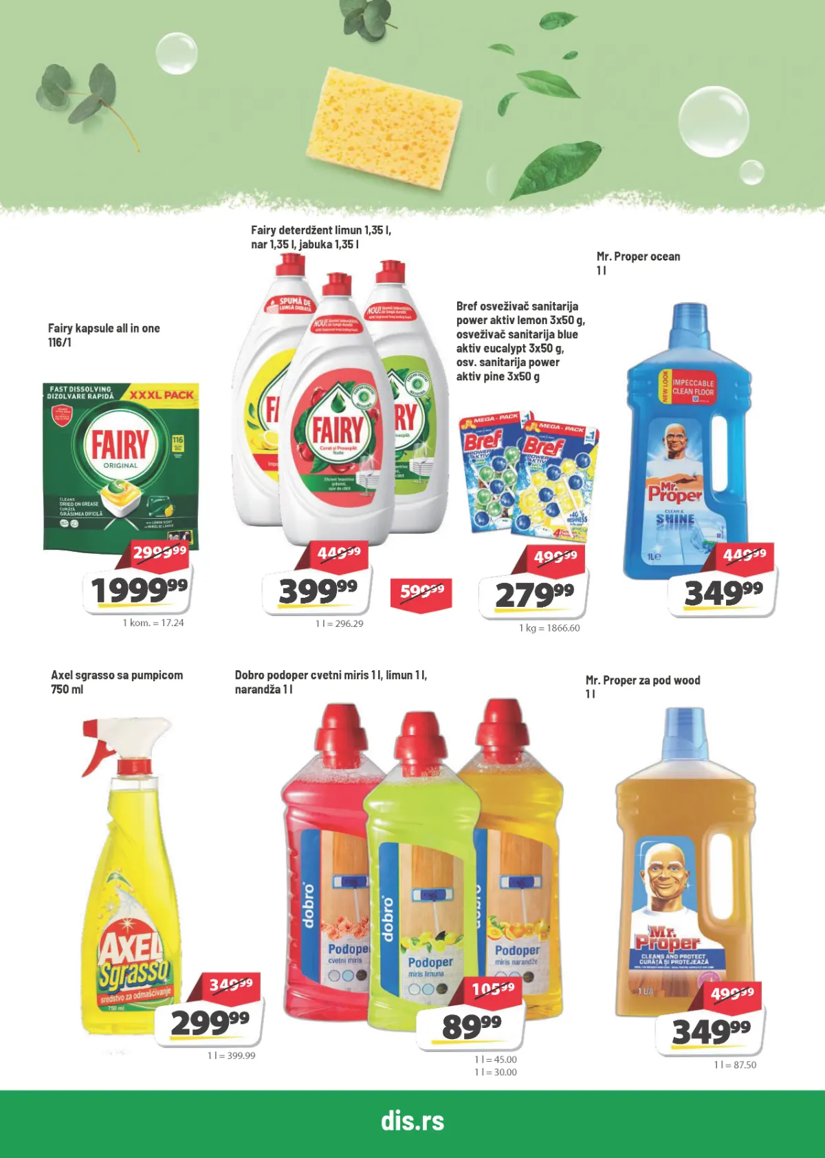DIS katalog strana 19 – Fairy kapsule 1999,99 din, Fairy deterdžent 399,99 din i Bref osveživač 279,99 din