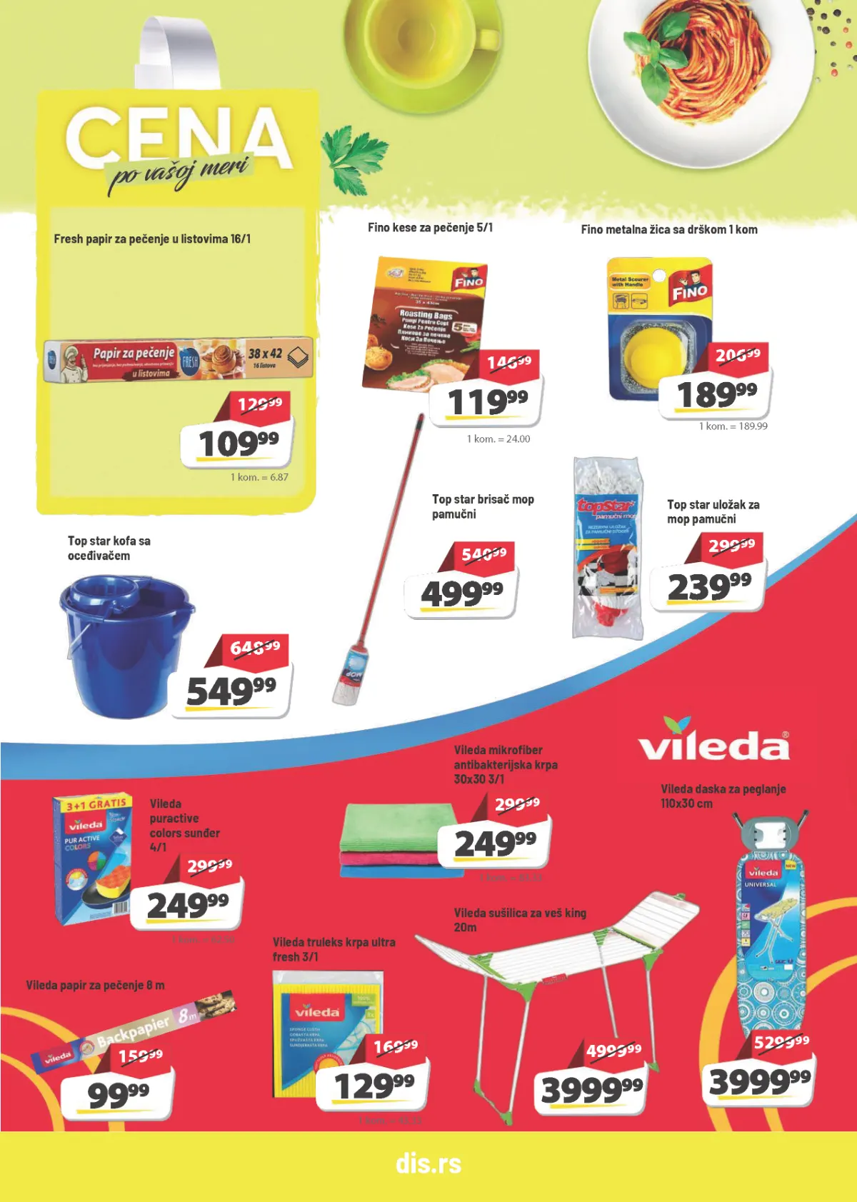 DIS katalog strana 20 – Vileda sušilica za veš 3999,99 din, Vileda daska za peglanje 3999,99 din i Top Star mop 499,99 din