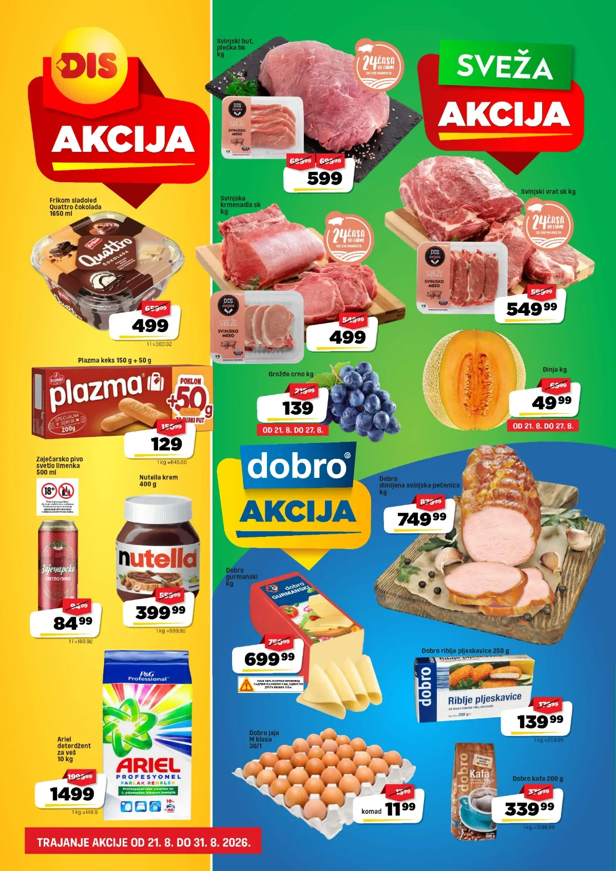 DIS akcija do 31.08.2026. – Frikom Quattro, Nutella, Ariel, svinjsko meso, voće i druge ponude