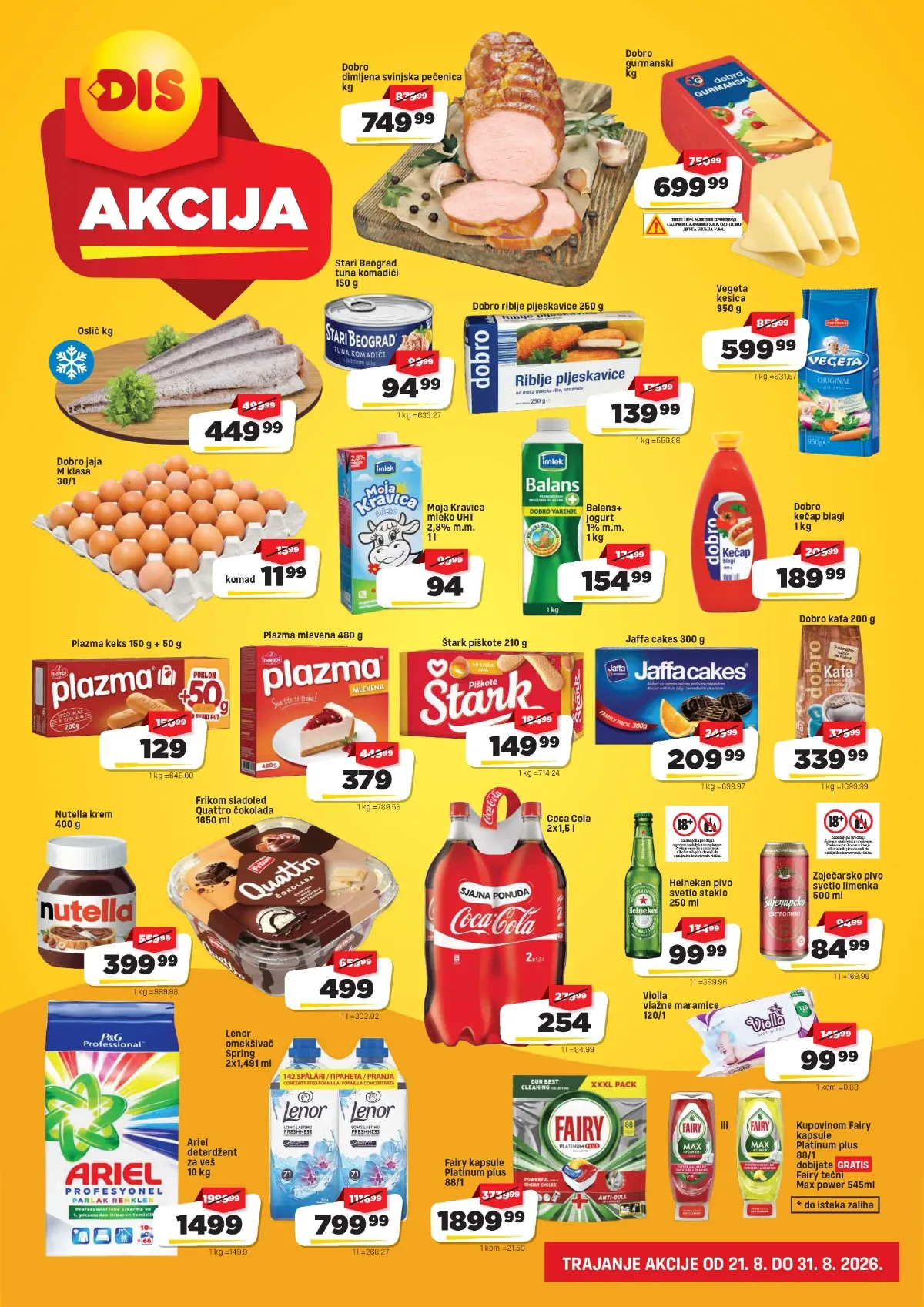 DIS akcija do 31.08.2026. – Fairy, Ariel, Lenor, Nutella, Plazma, Vegeta, kafa i druge ponude