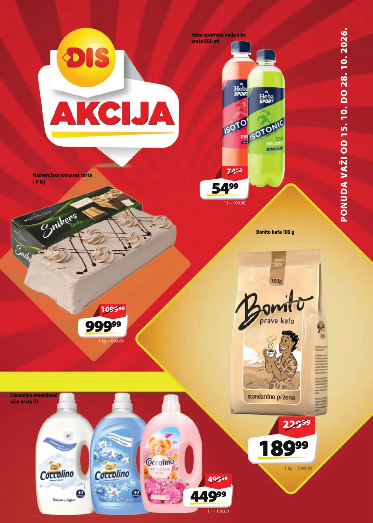 DIS katalog 15–28.10.2026. – Bonito kafa, Masterclass torta, Heba sportska voda i Coccolino omekšivač po akcijskim cenama