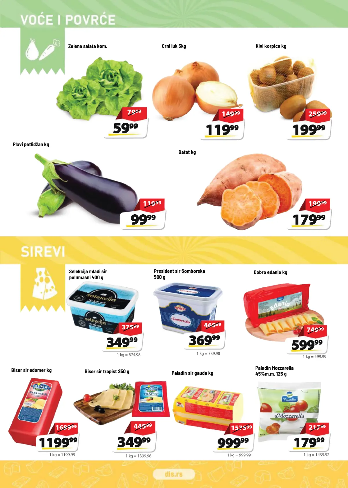 DIS katalog strana 2 – sveže voće i povrće, zelena salata, crni luk, kivi, President i drugi sirevi
