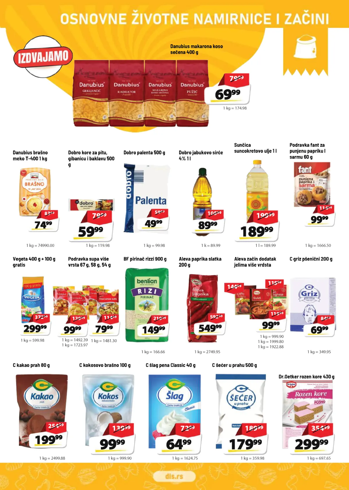 DIS katalog strana 7 – Danubius makarone i brašno, Sunčica ulje, pirinač, palenta, Vegeta i začini
