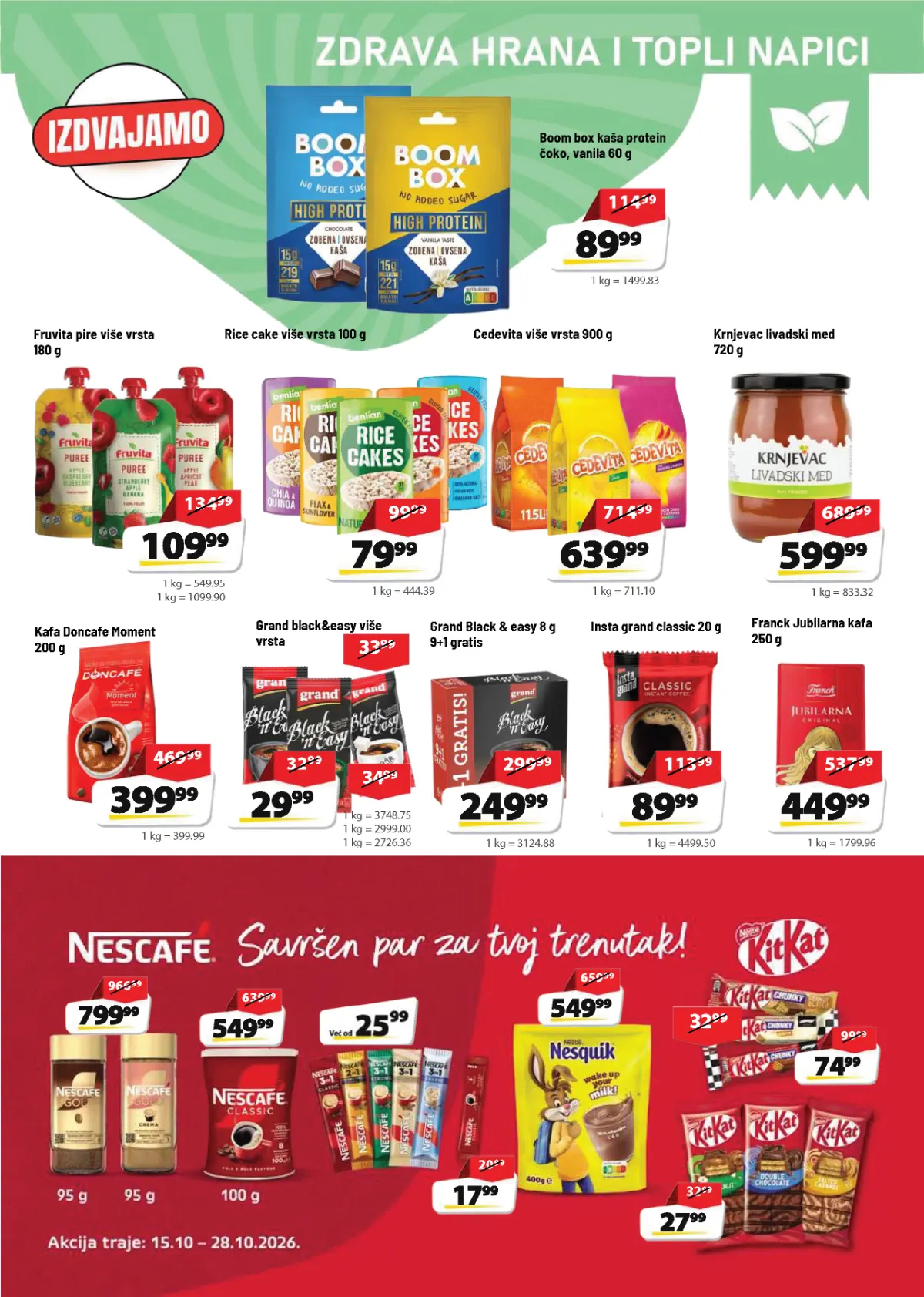 DIS katalog strana 9 – Boom Box proteinska kaša, Cedevita, med, Doncafe, Grand i Franck kafa