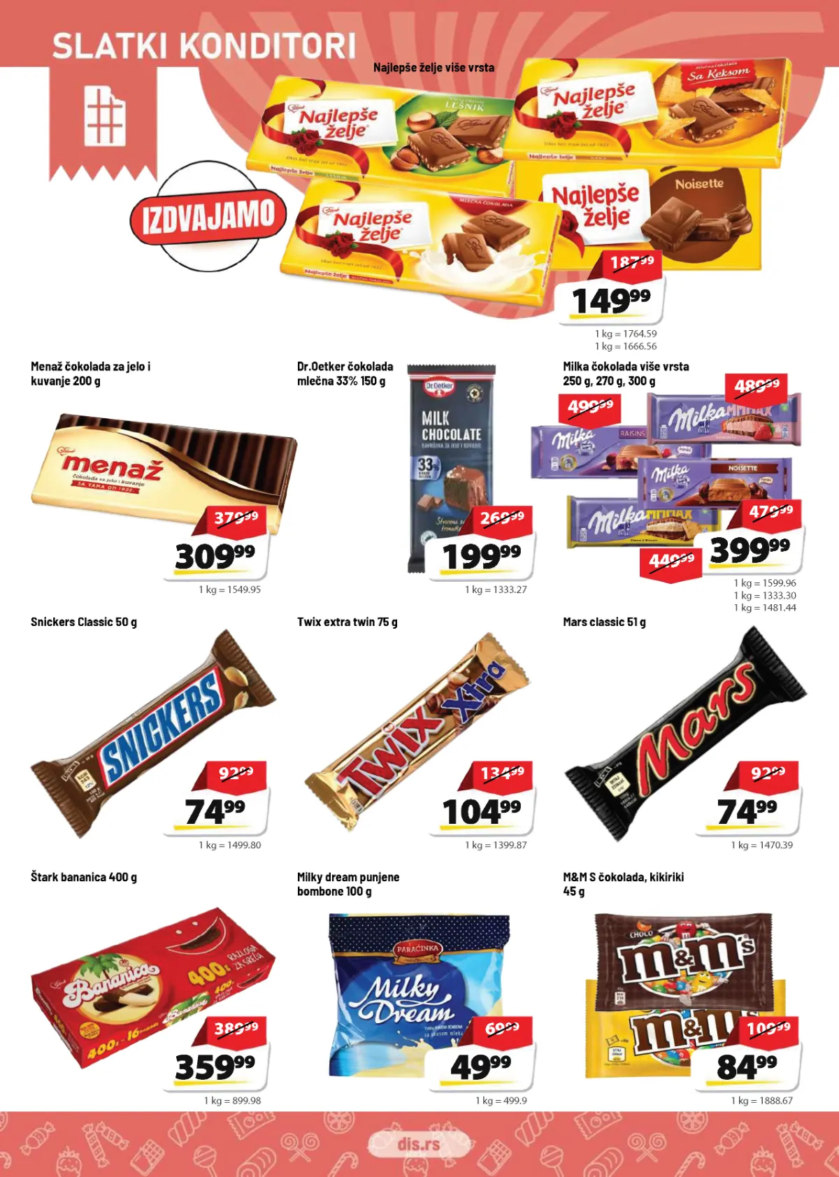 DIS katalog strana 12 – Najlepše želje, Milka, Menaž, Snickers, Twix, Mars i drugi slatkiši