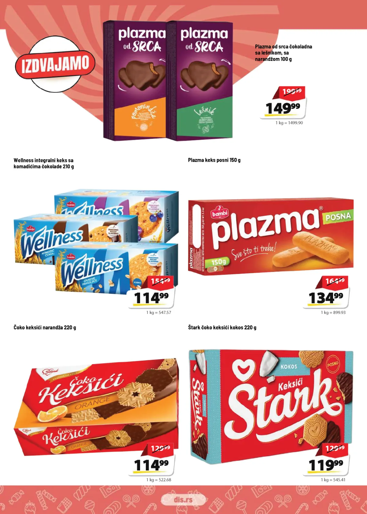 DIS katalog strana 13 – Plazma od srca, posna Plazma, Wellness integralni keks i Štark čoko keksići