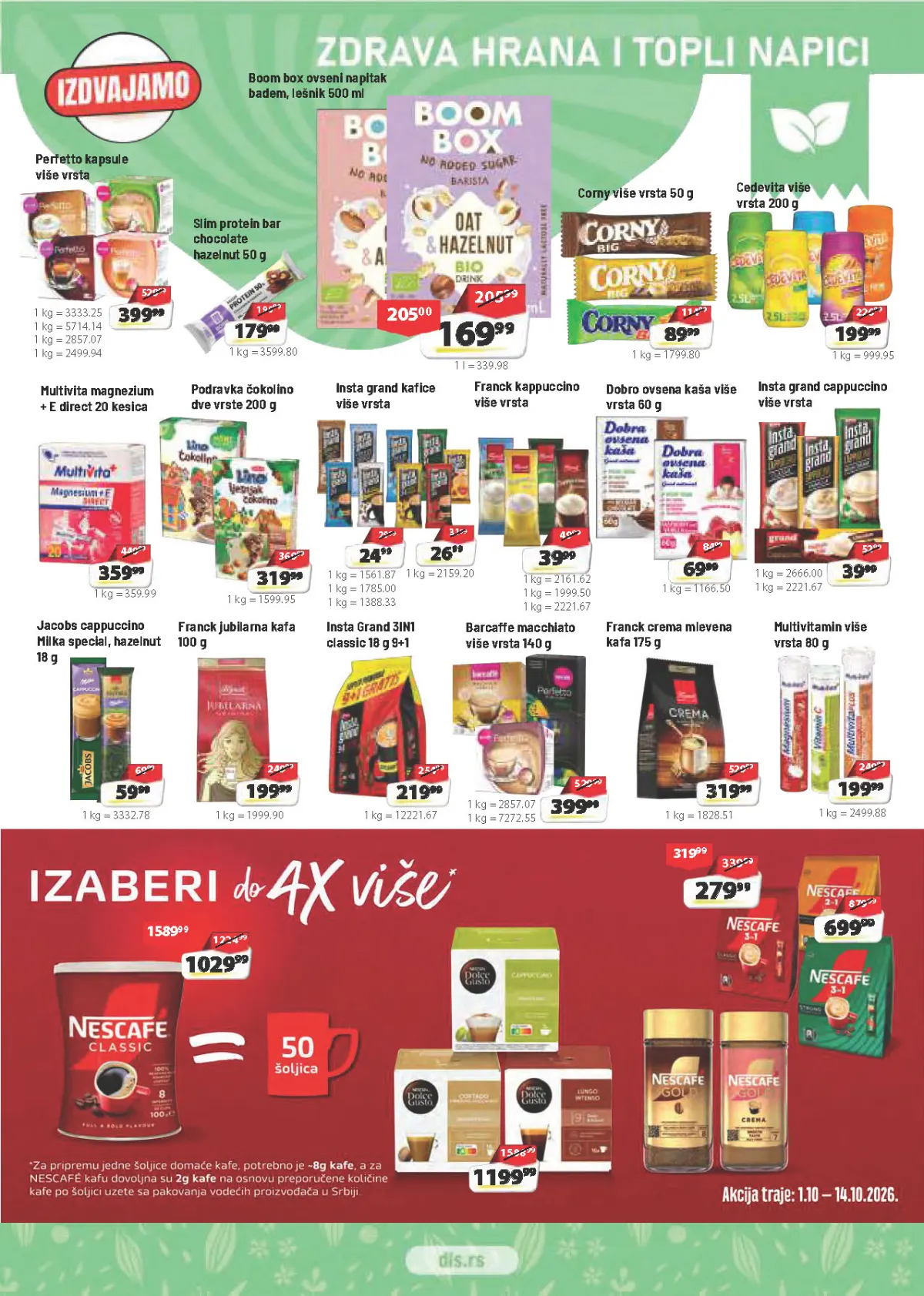 DIS katalog – kafa, cappuccino, ovsene kaše, proteinske pločice i topli napici