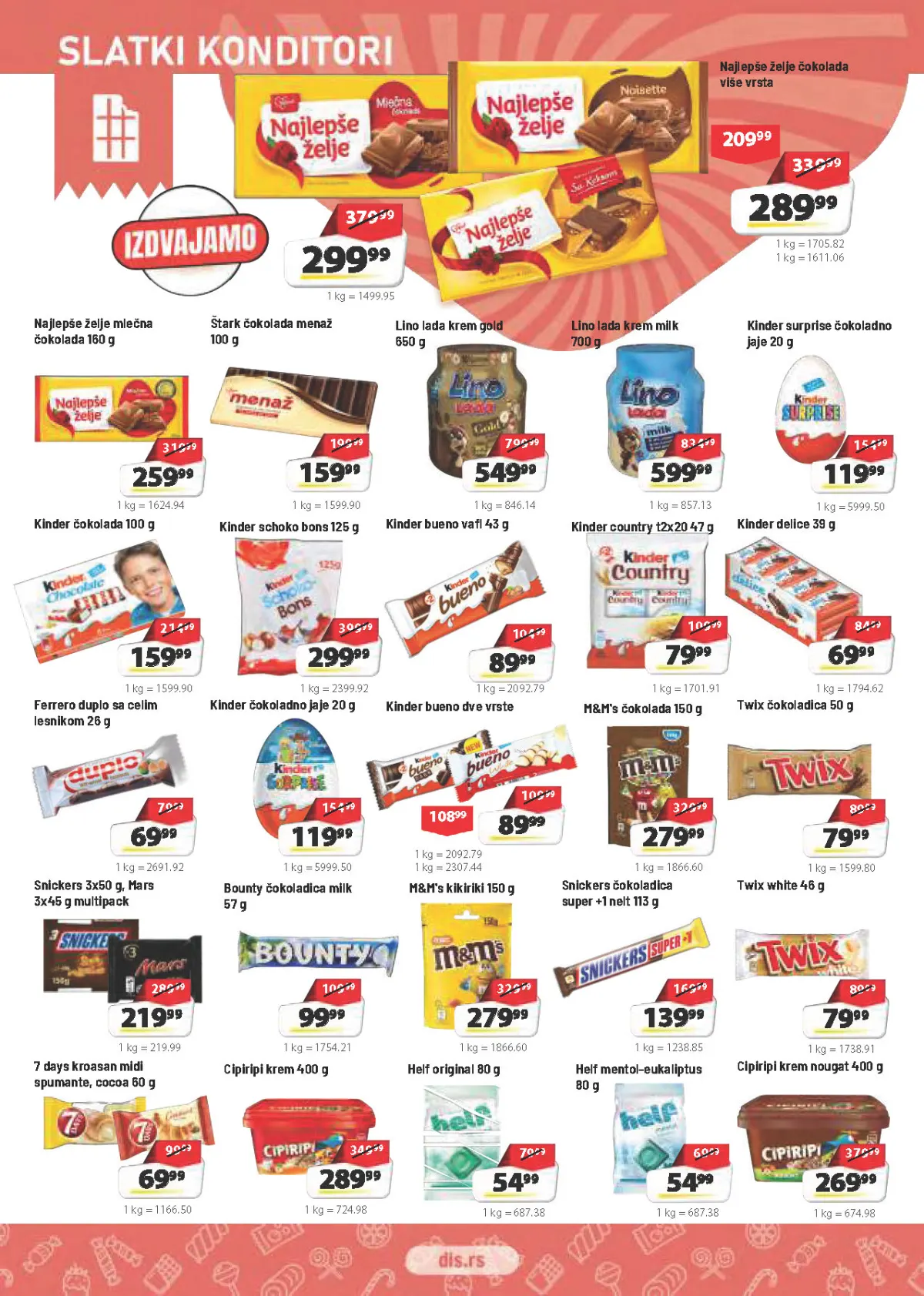 DIS katalog – čokolade, kremovi, Kinder, Snickers, Twix i slatkiši na akciji