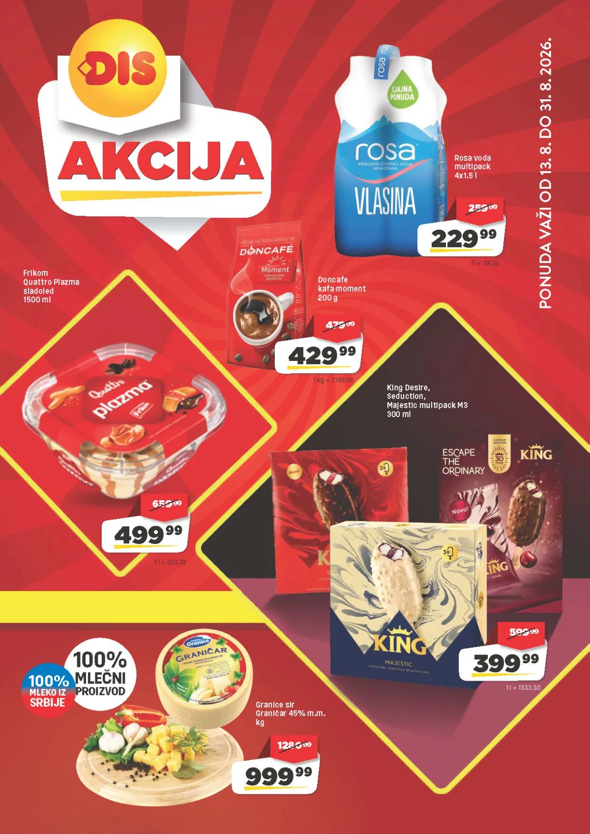 DIS katalog do 31.08.2026. – Rosa voda, Frikom Quattro Plazma sladoled, Doncafe Moment kafa, King sladoled i Graničar sir na akciji