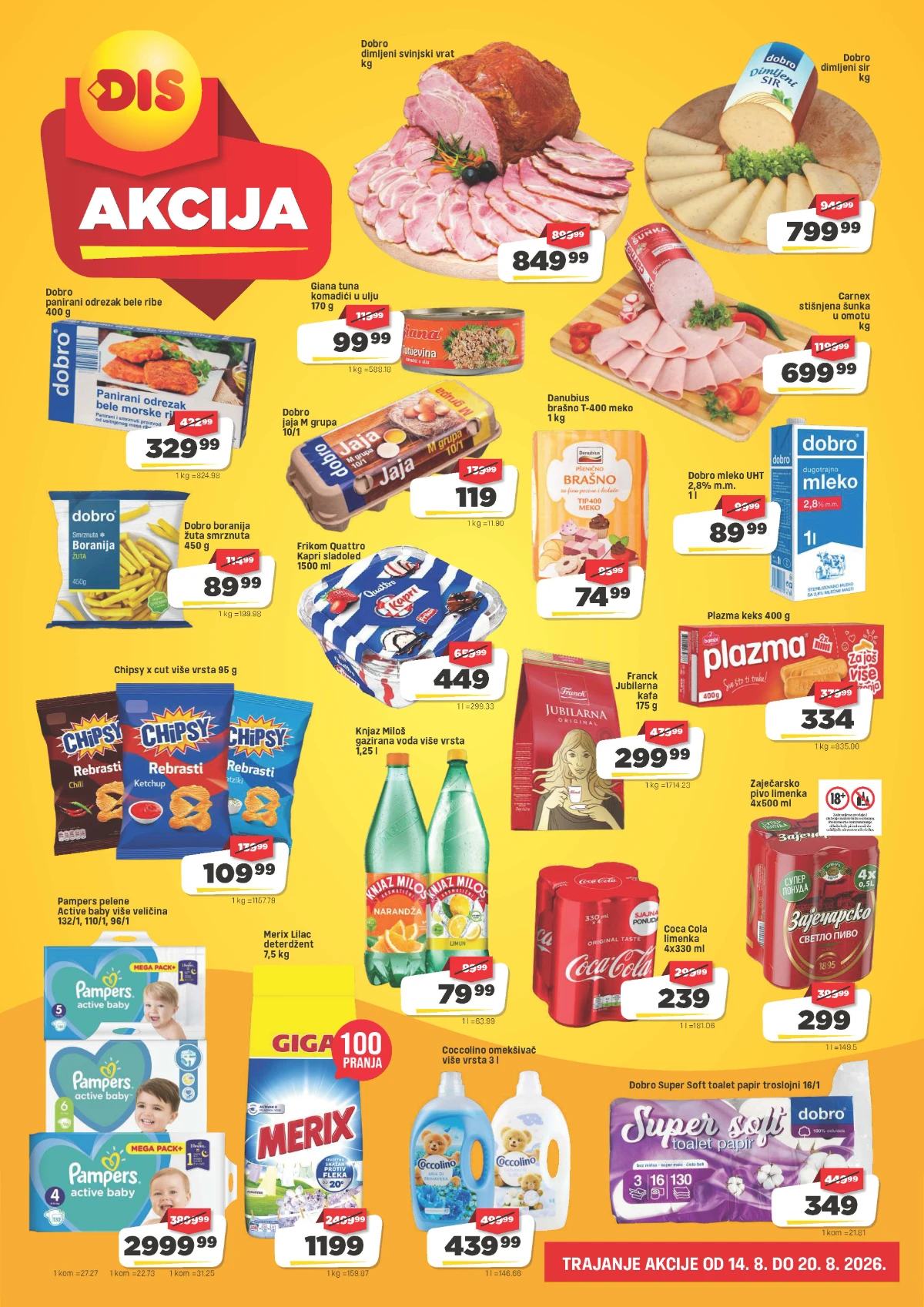DIS katalog do 20.08.2026. – Carnex šunka, Merix deterdžent, Frikom sladoled, Franck kafa, mleko i druge akcijske cene