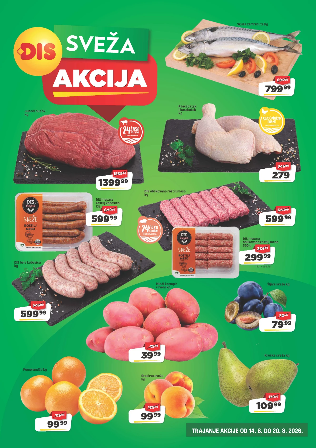 DIS sveža akcija do 20.08.2026. – pileći batak, juneći but, roštiljsko meso, krompir, šljive, kruške i breskve