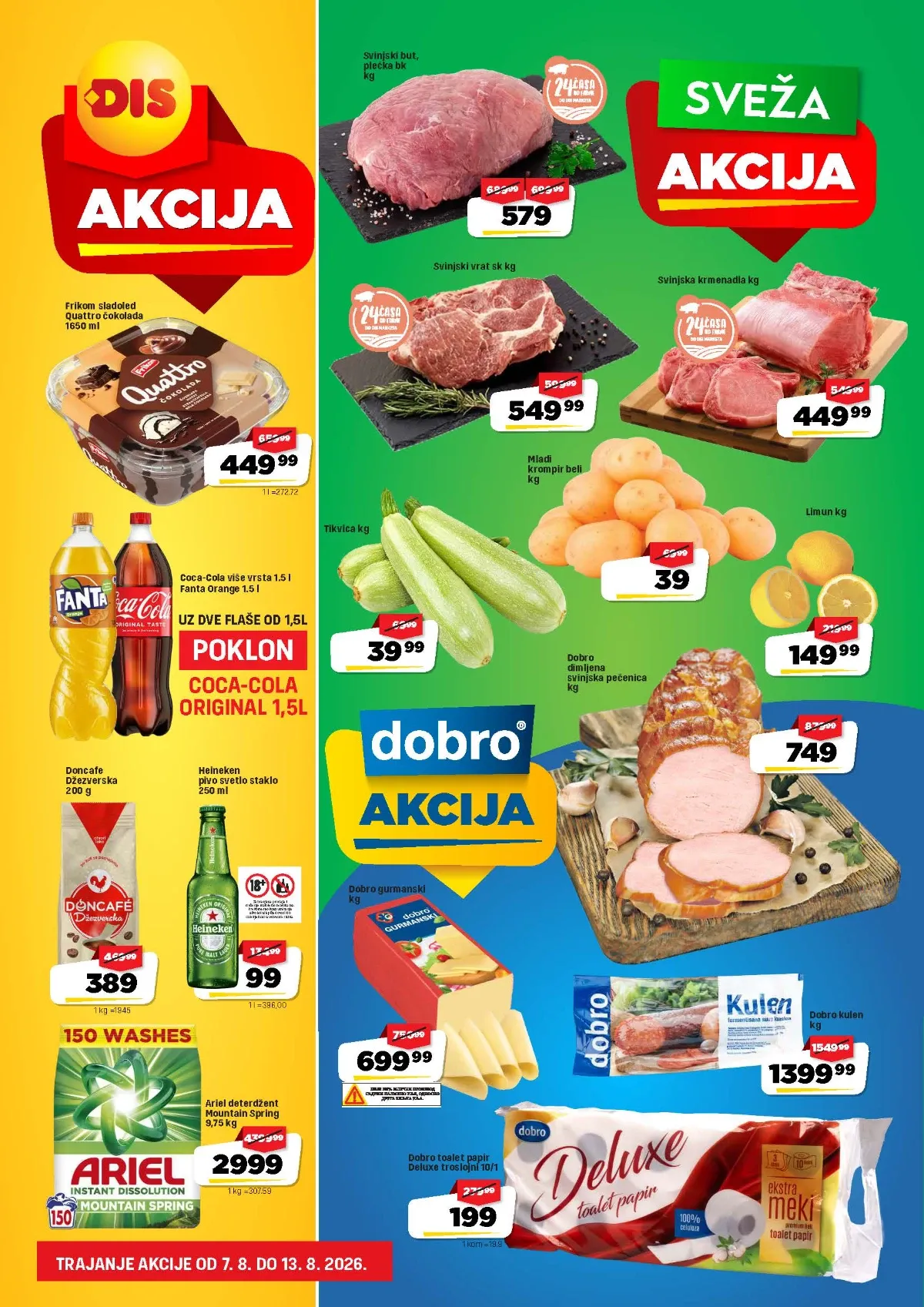 DIS akcija do 13.08.2026. – svinjetina, sladoled, kafa, Ariel, sir, kulen i druge akcijske ponude