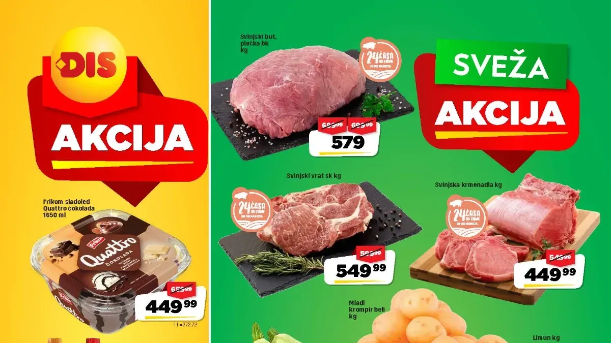 DIS akcija do 13.08.2026. – svinjska krmenadla 449,99 din/kg, svinjski vrat 549,99 din/kg, svinjski but 579 din/kg i druge akcijske ponude