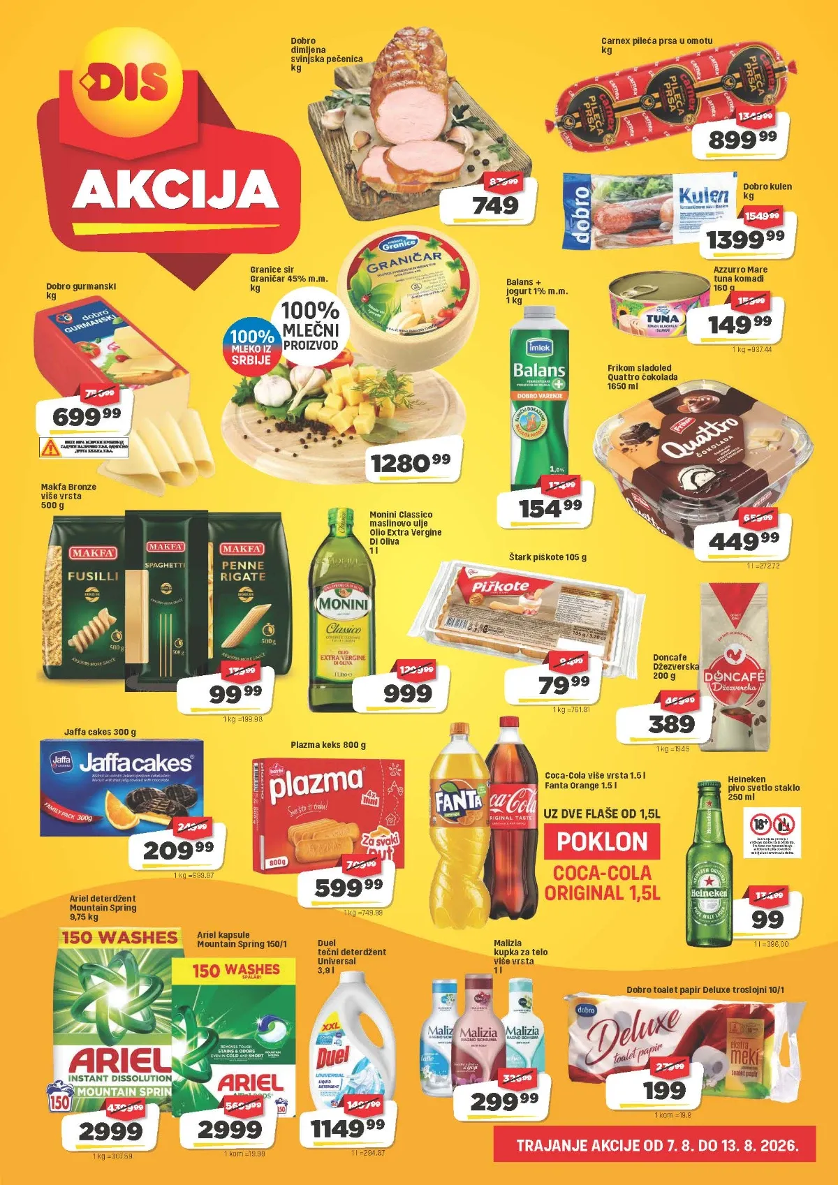 DIS akcija do 13.08.2026. – sir, jogurt, testenina, maslinovo ulje, Plazma, kafa, Ariel i druge akcijske ponude