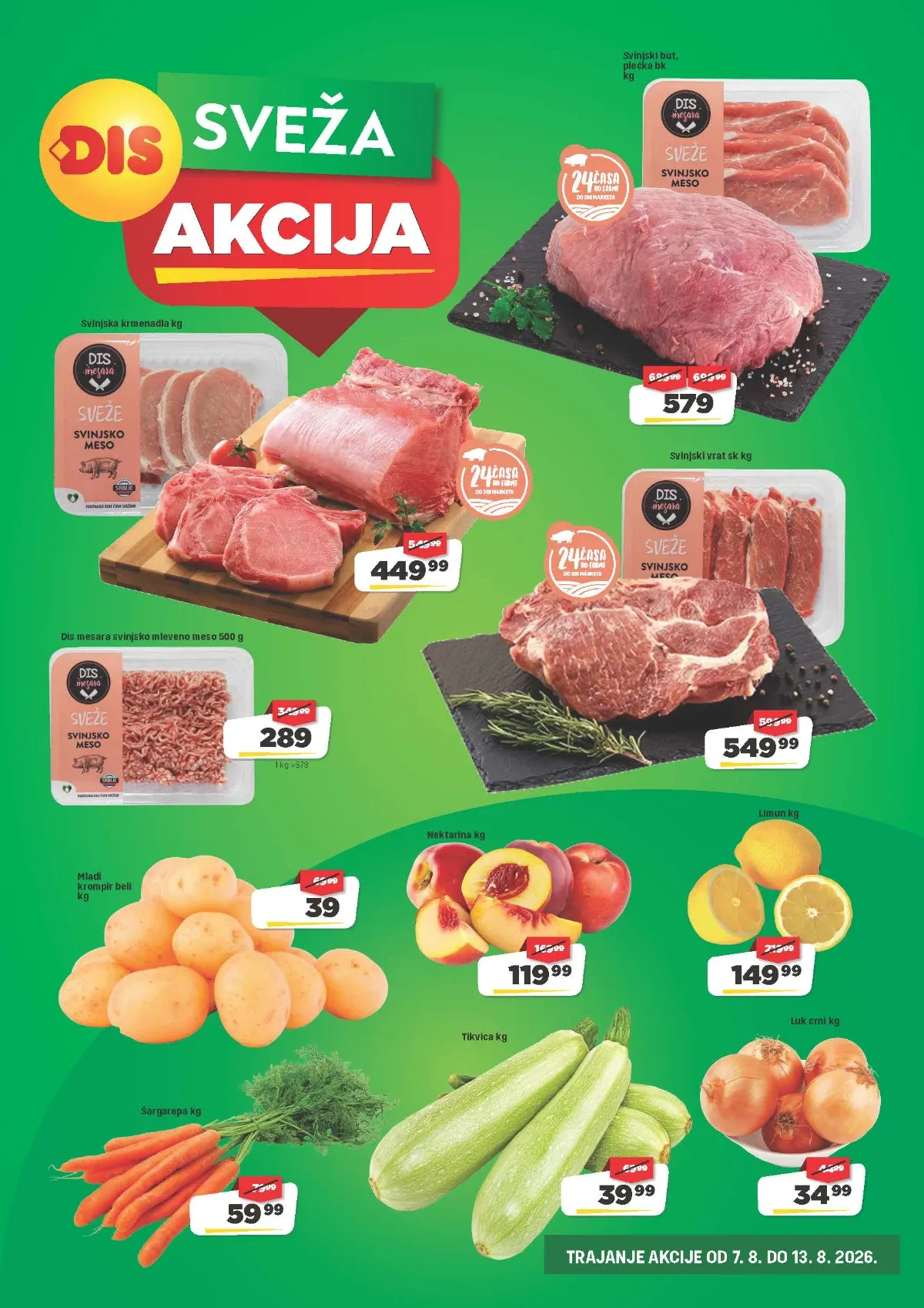 DIS Sveža akcija do 13.08.2026. – svinjsko meso, krompir, nektarine, limun, šargarepa, tikvice i luk po akcijskim cenama
