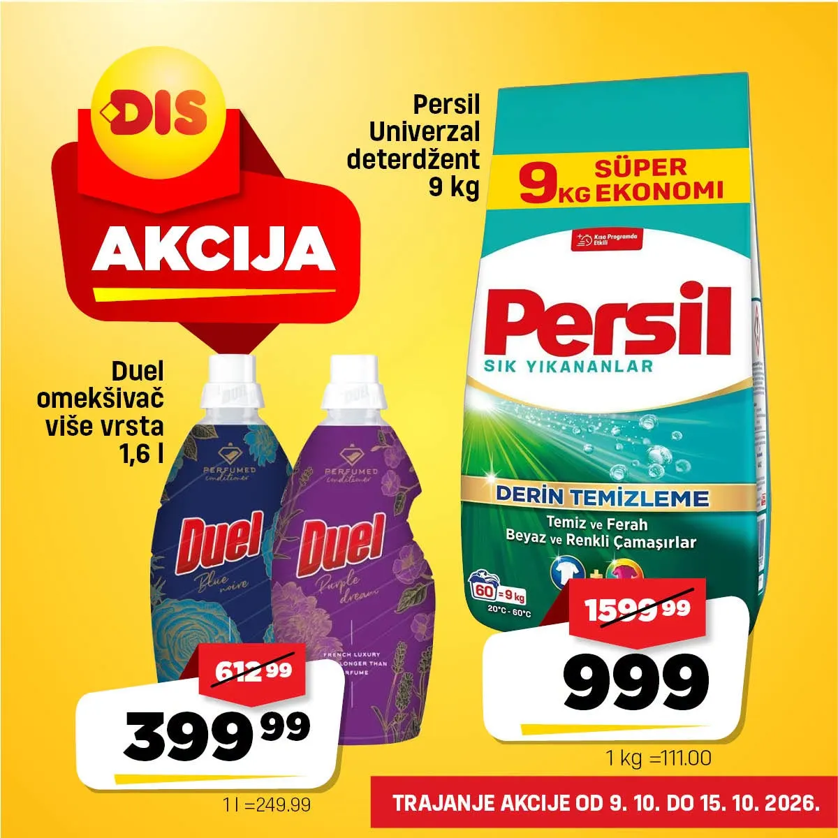 DIS nedeljna akcija – Persil Univerzal deterdžent 9 kg za 999 dinara i Duel omekšivač 1,6 l za 399,99 dinara