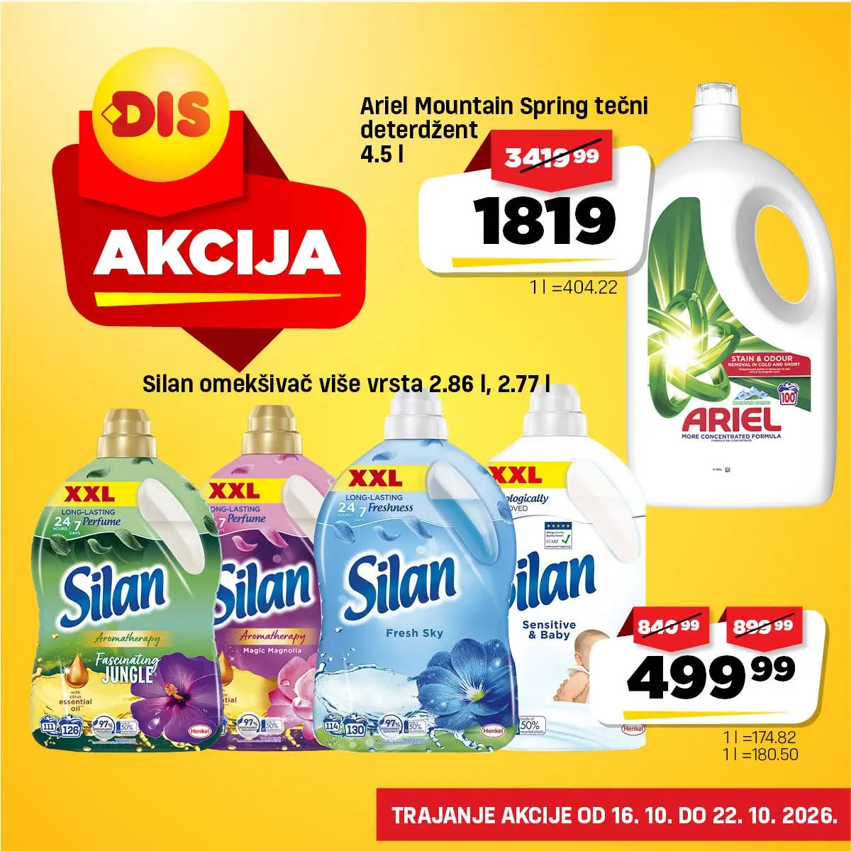 DIS akcija 16–22.10.2026. – Ariel Mountain Spring tečni deterdžent 4,5 l za 1.819 dinara i Silan omekšivač za 499,99 dinara