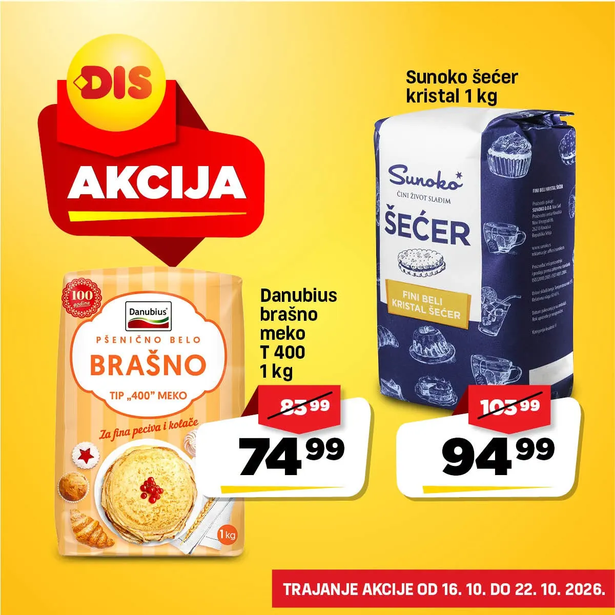 DIS akcija 16–22.10.2026. – Danubius brašno T400 1 kg za 74,99 dinara i Sunoko šećer 1 kg za 94,99 dinara
