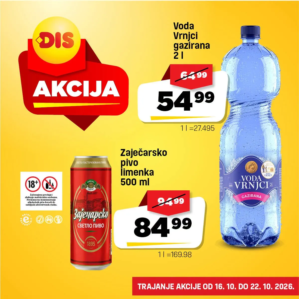 DIS akcija 16–22.10.2026. – Zaječarsko pivo 500 ml za 84,99 dinara i voda Vrnjci gazirana 2 l za 54,99 dinara
