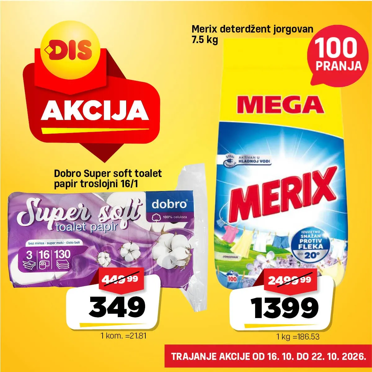 DIS akcija 16–22.10.2026. – Merix deterdžent 7,5 kg za 1.399 dinara i Dobro Super Soft toalet papir 16 rolni za 349 dinara