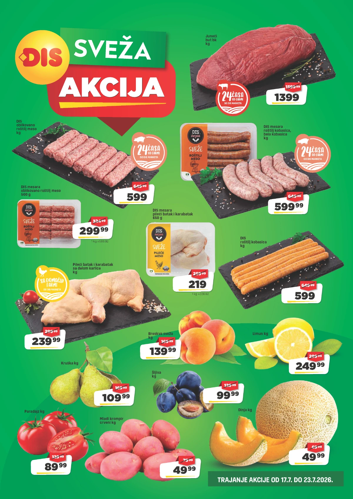 DIS Sveža akcija od 17. do 23.07.2026. – sveže meso, roštilj program, voće i povrće po sniženim cenama