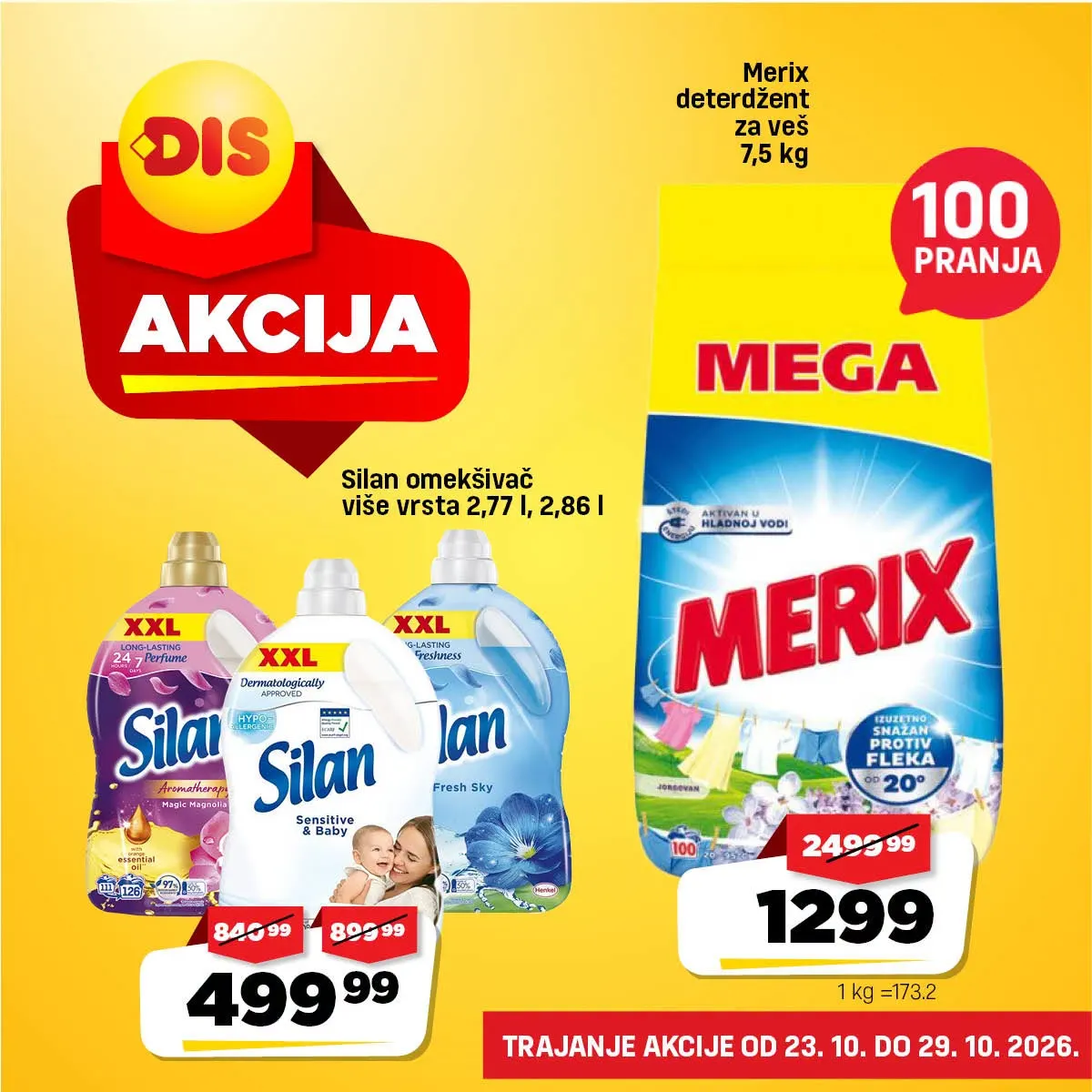 DIS akcija – Merix deterdžent 7,5 kg za 1.299 dinara i Silan omekšivači za veš za 499,99 dinara