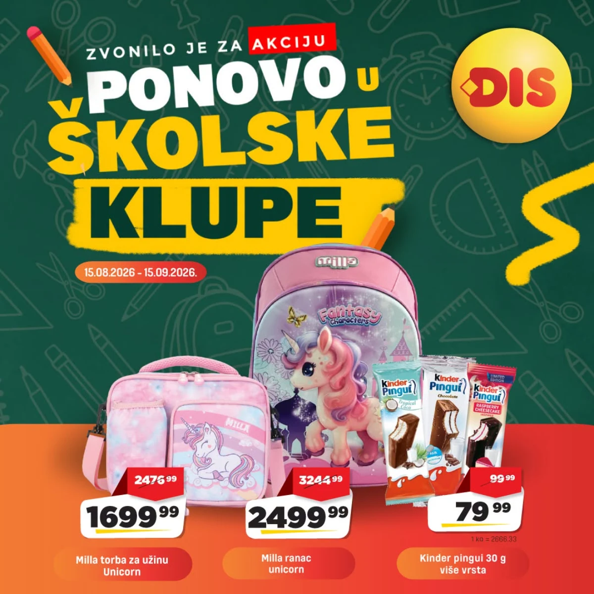 DIS školska akcija – Milla Unicorn torba za užinu, ranac i Kinder Pingui